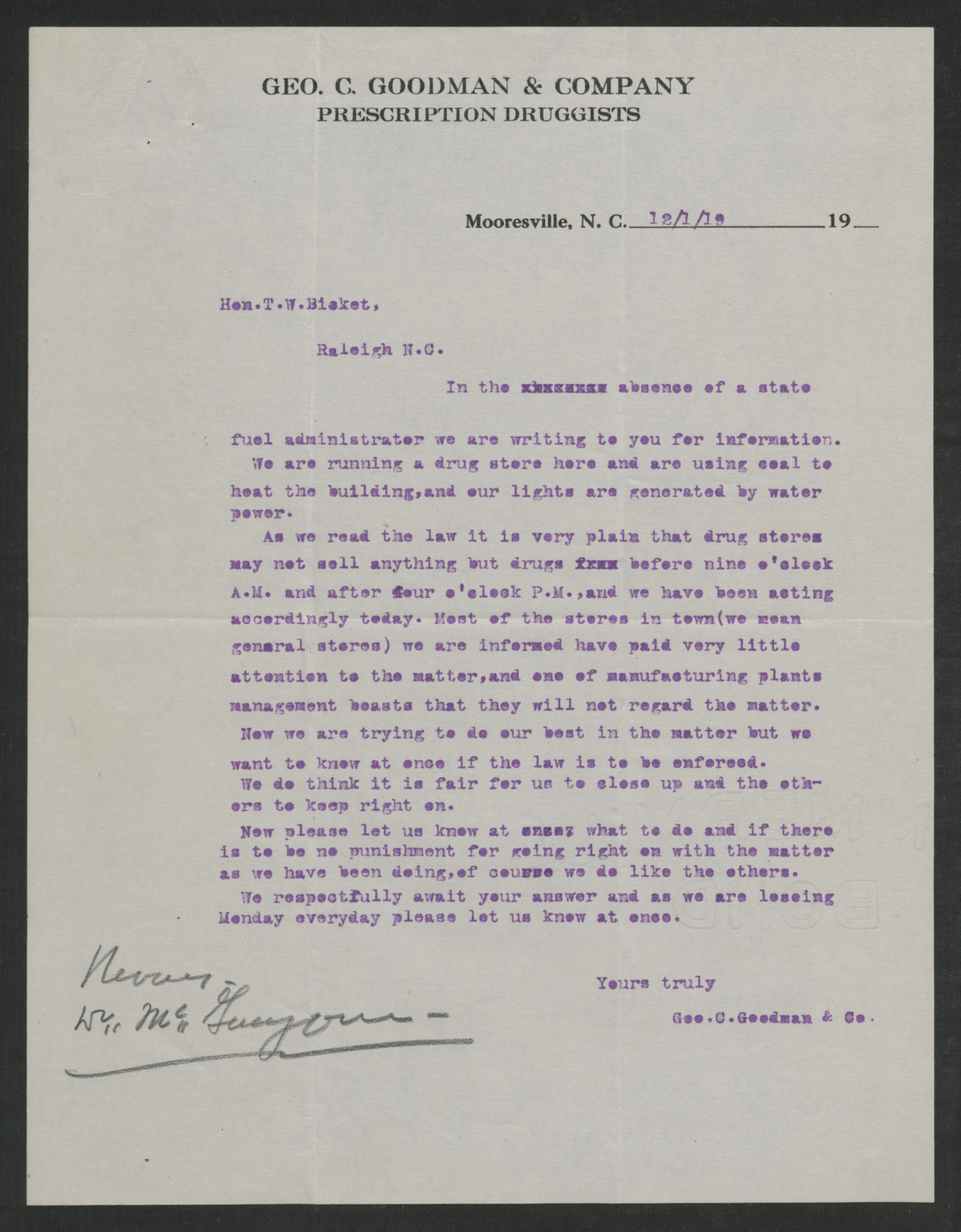Letter from Geo. C. Goodman & Co. to Thomas W. Bickett, December 1, 1919