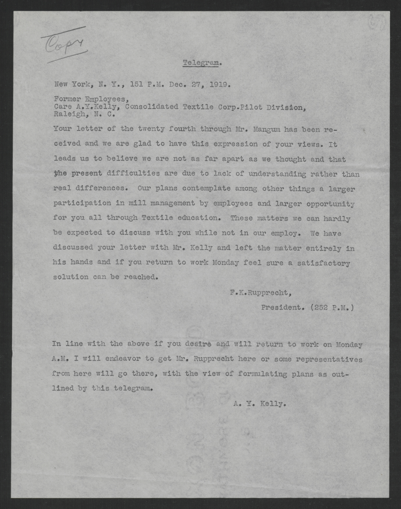 Telegram from Frederick K. Rupprecht to Former Employees of the Consolidated Textile Corporation, December 27, 1919