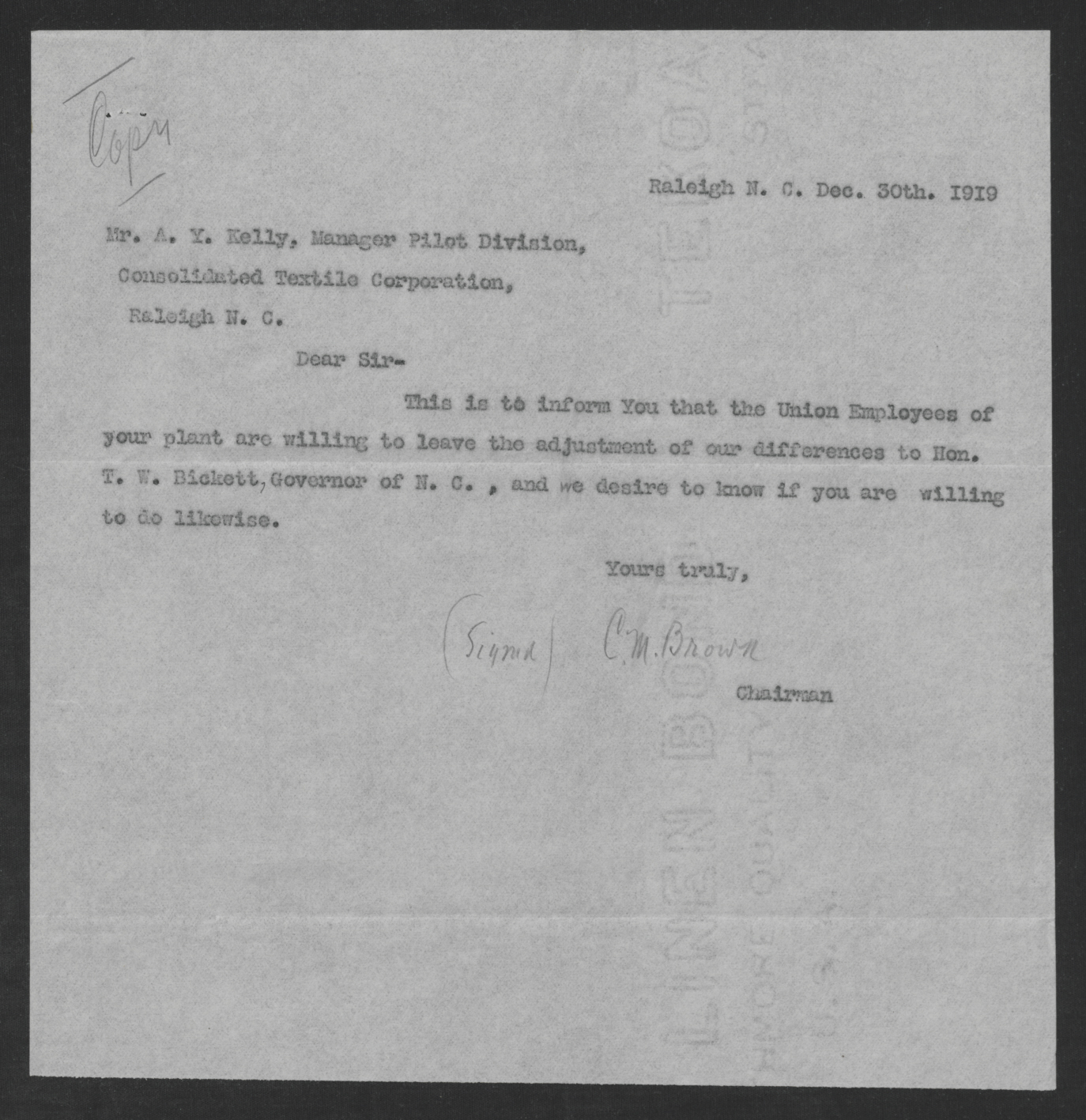 Letter from C. M. Brown to Albert Y. Kelly, December 30, 1919