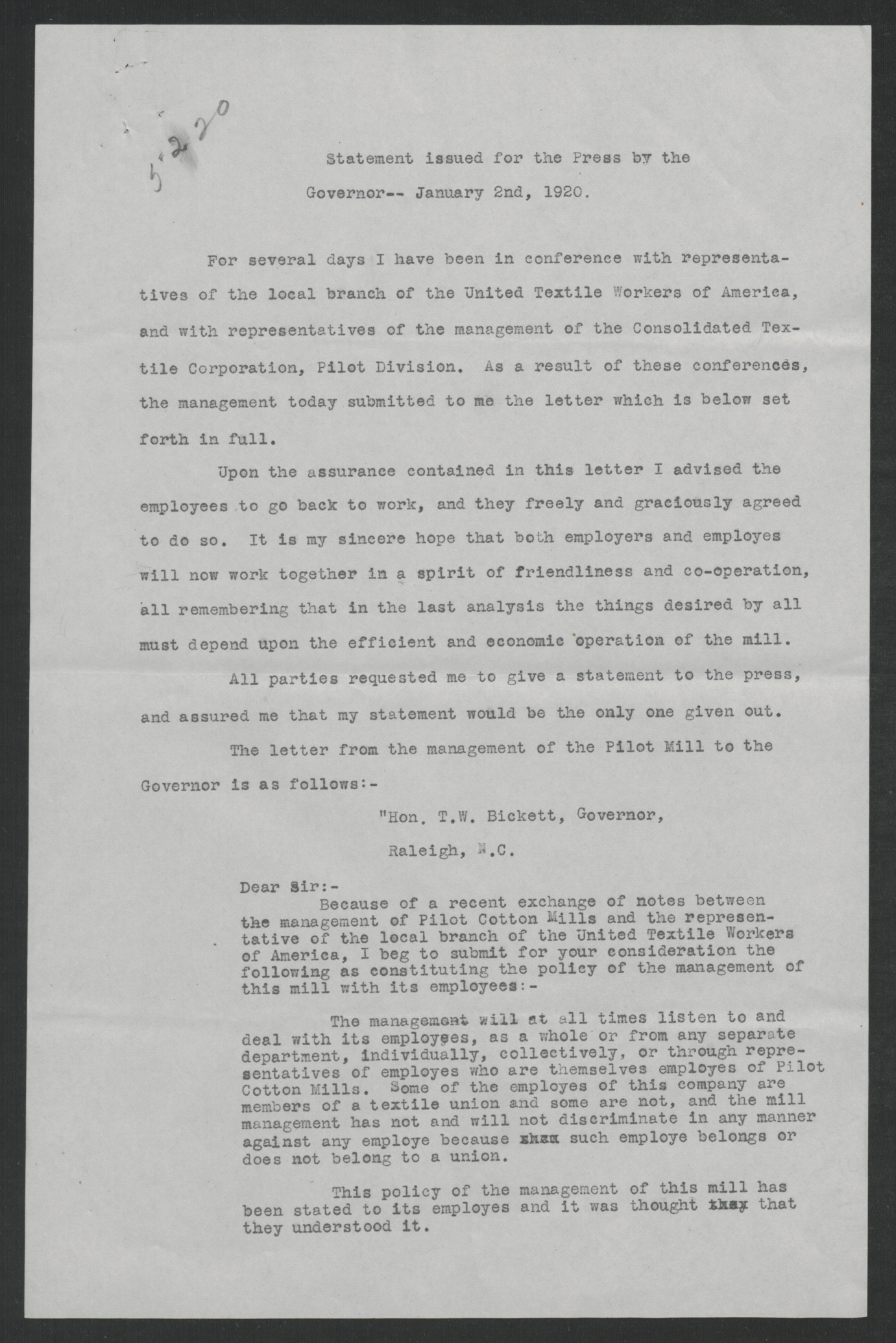 Press Statement by Thomas W. Bickett on Labor Relations at the Pilot Cotton Mills, January 2, 1920, page 1