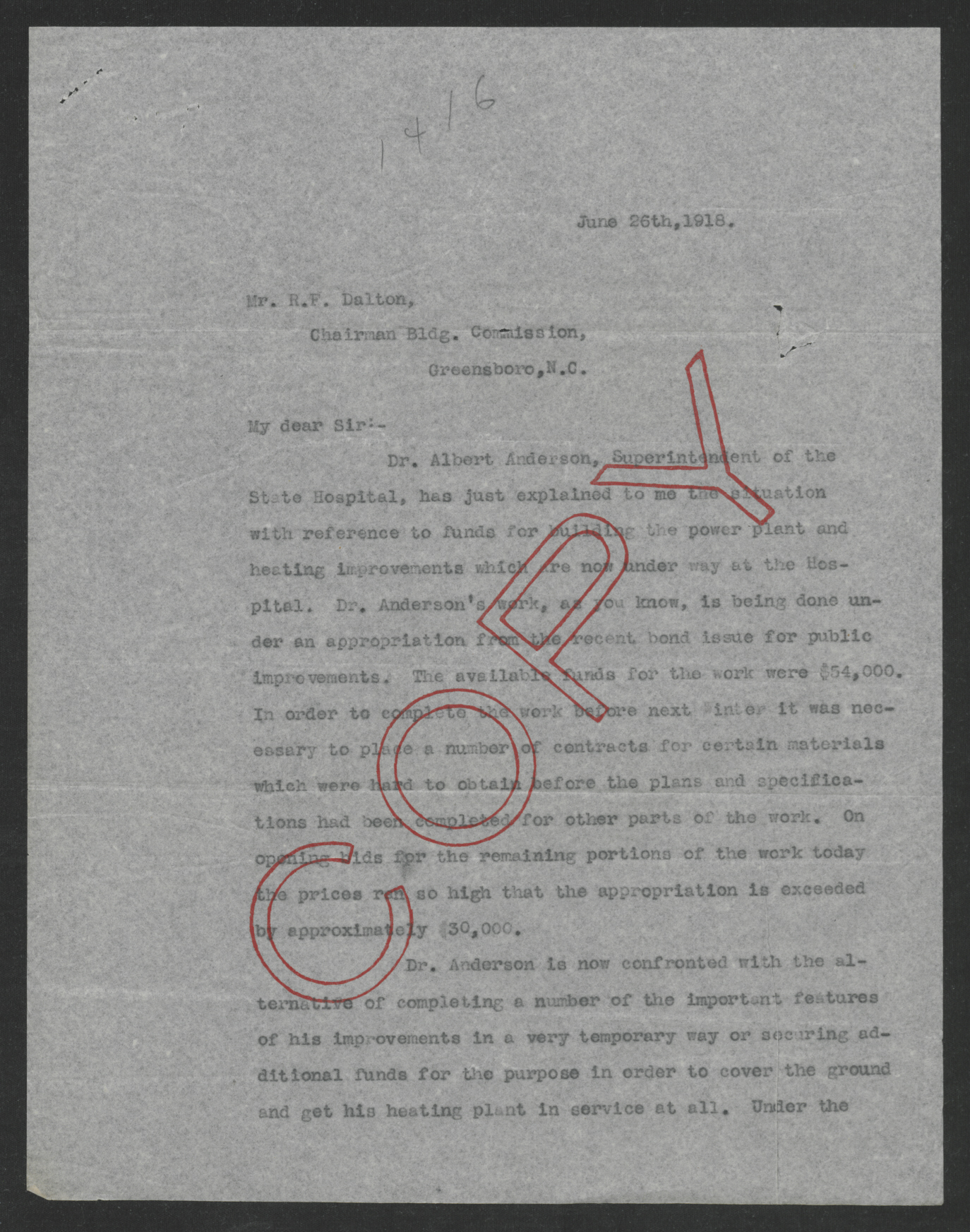 Letter from Thomas W. Bickett to Robert F. Dalton, June 26, 1918, page 1