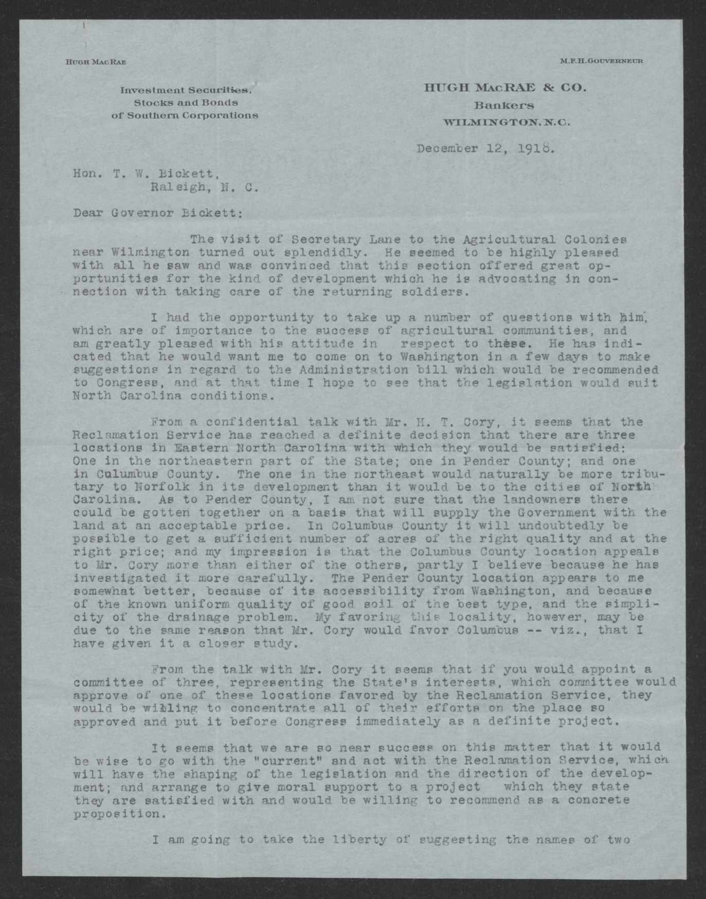 Letter from Hugh MacRae to Thomas W. Bickett, December 12, 1918, page 1