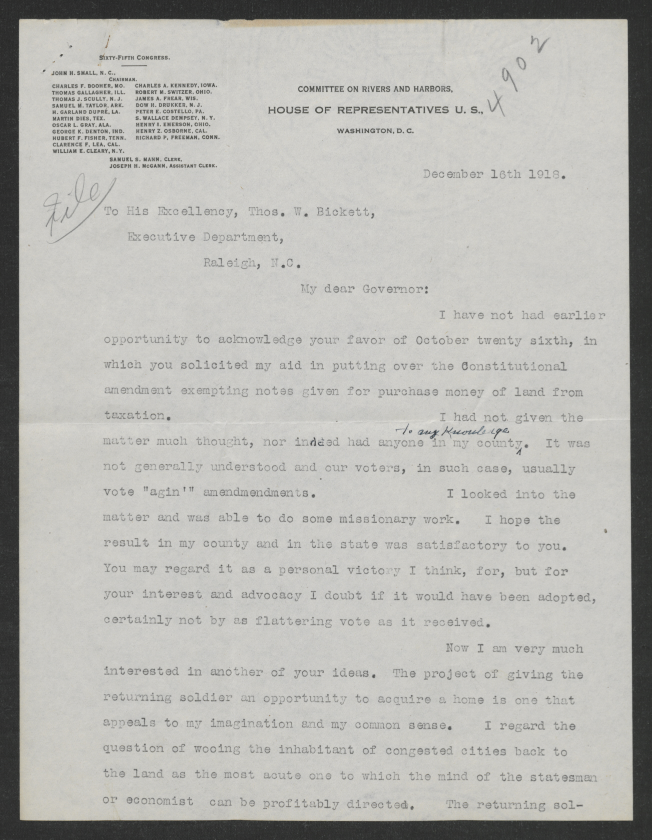 Letter from Samuel S. Mann to Thomas W. Bickett, December 16, 1918, page 1