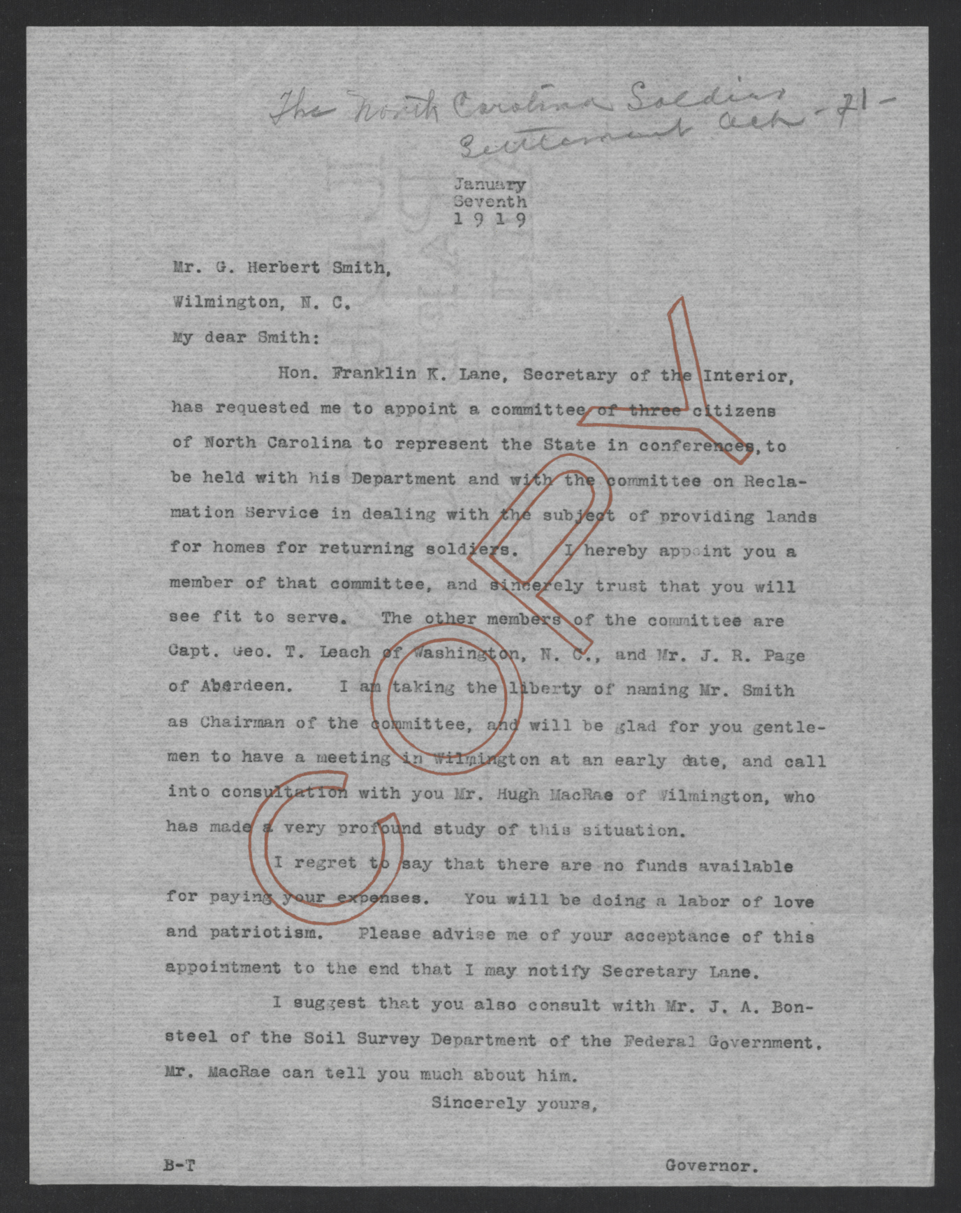 Letter from Thomas W. Bickett to George H. Smith, January 7, 1919