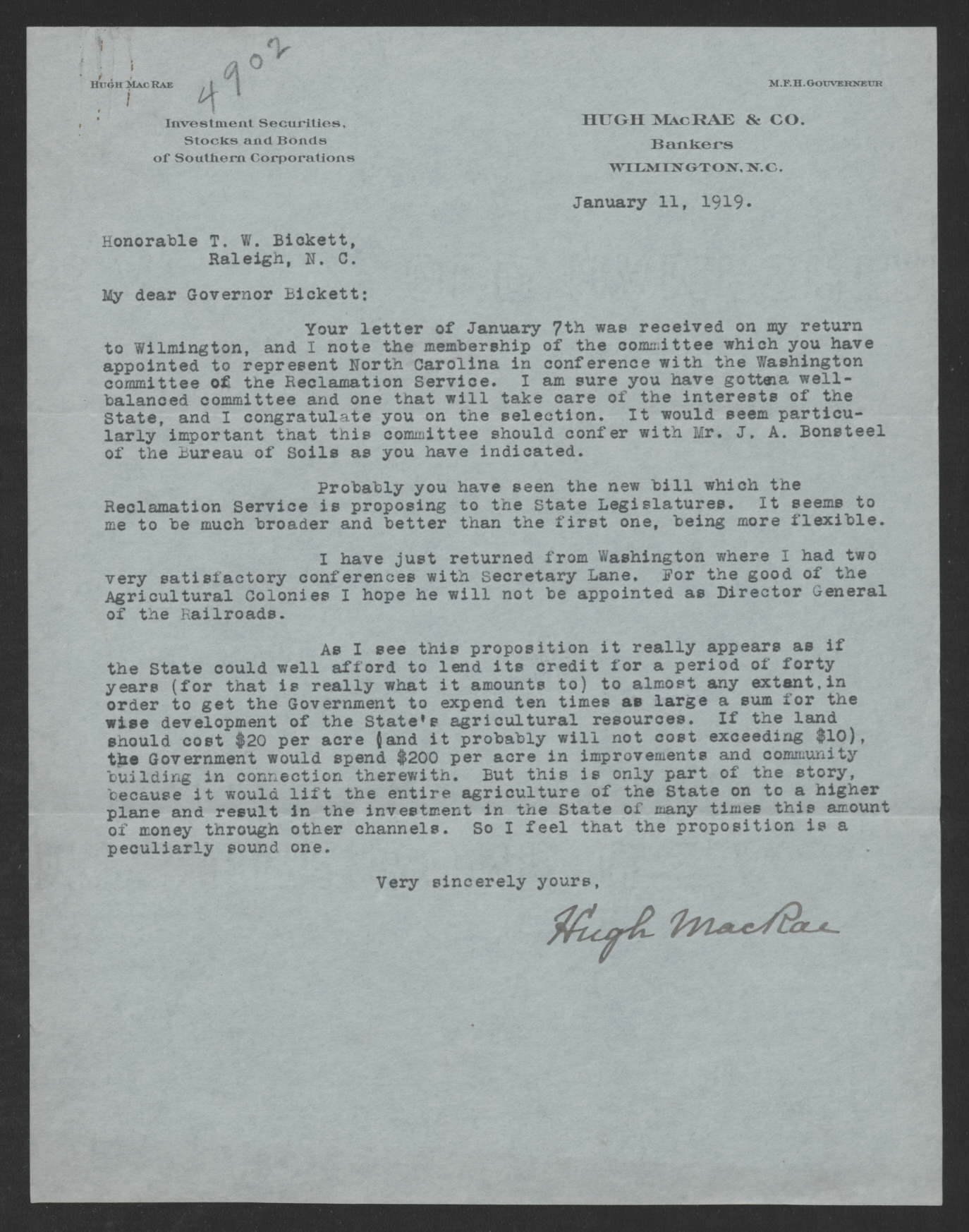 Letter from Hugh MacRae to Thomas W. Bickett, January 11, 1919