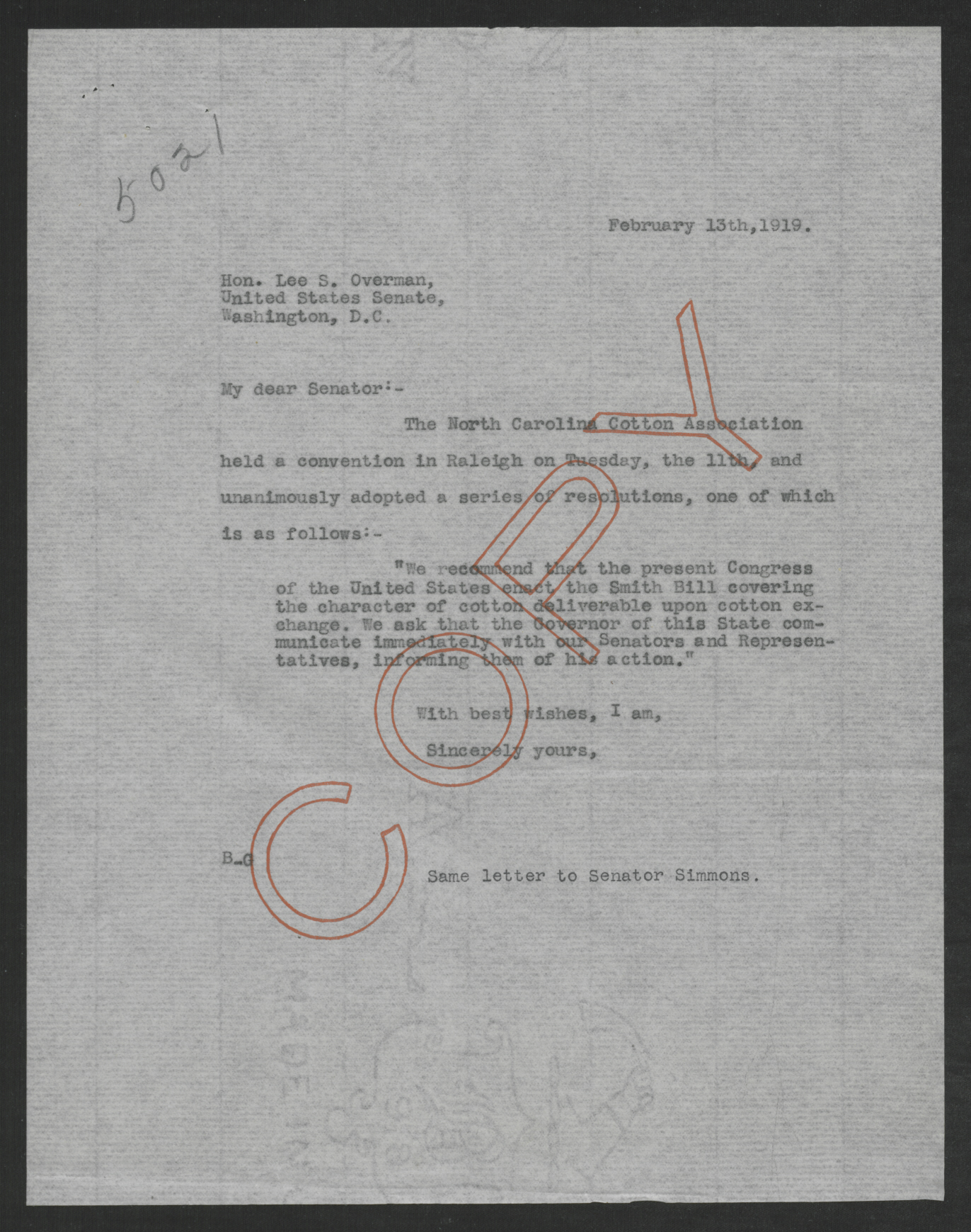 Letter from Thomas W. Bickett to Lee S. Overman, February 13, 1919