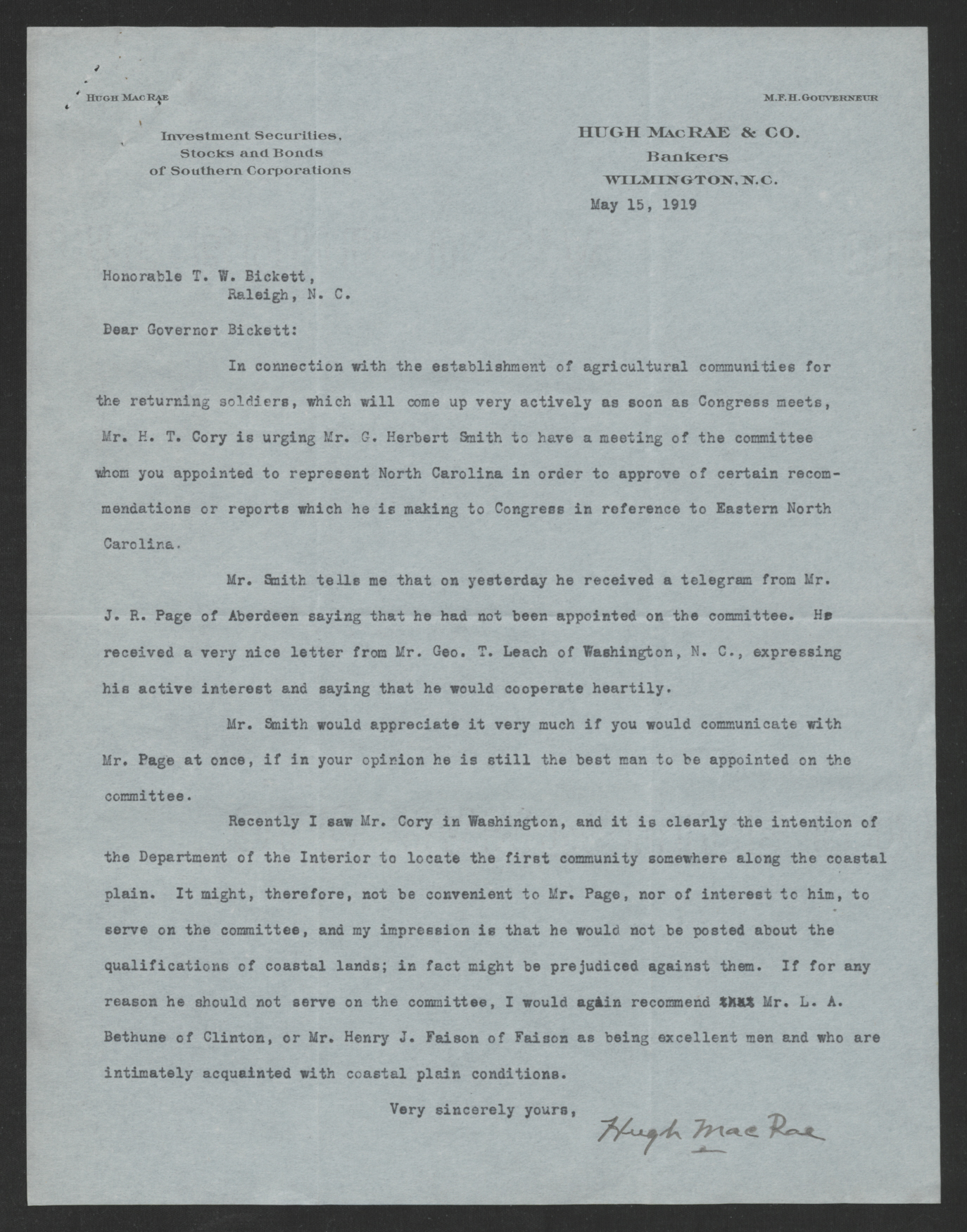 Letter from Hugh MacRae to Thomas W. Bickett, May 15, 1919