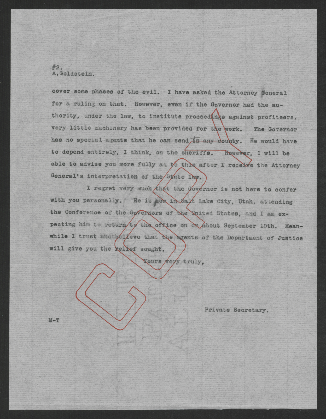 Letter from Santford Martin to Abraham Goldstein, August 25, 1919, page 2