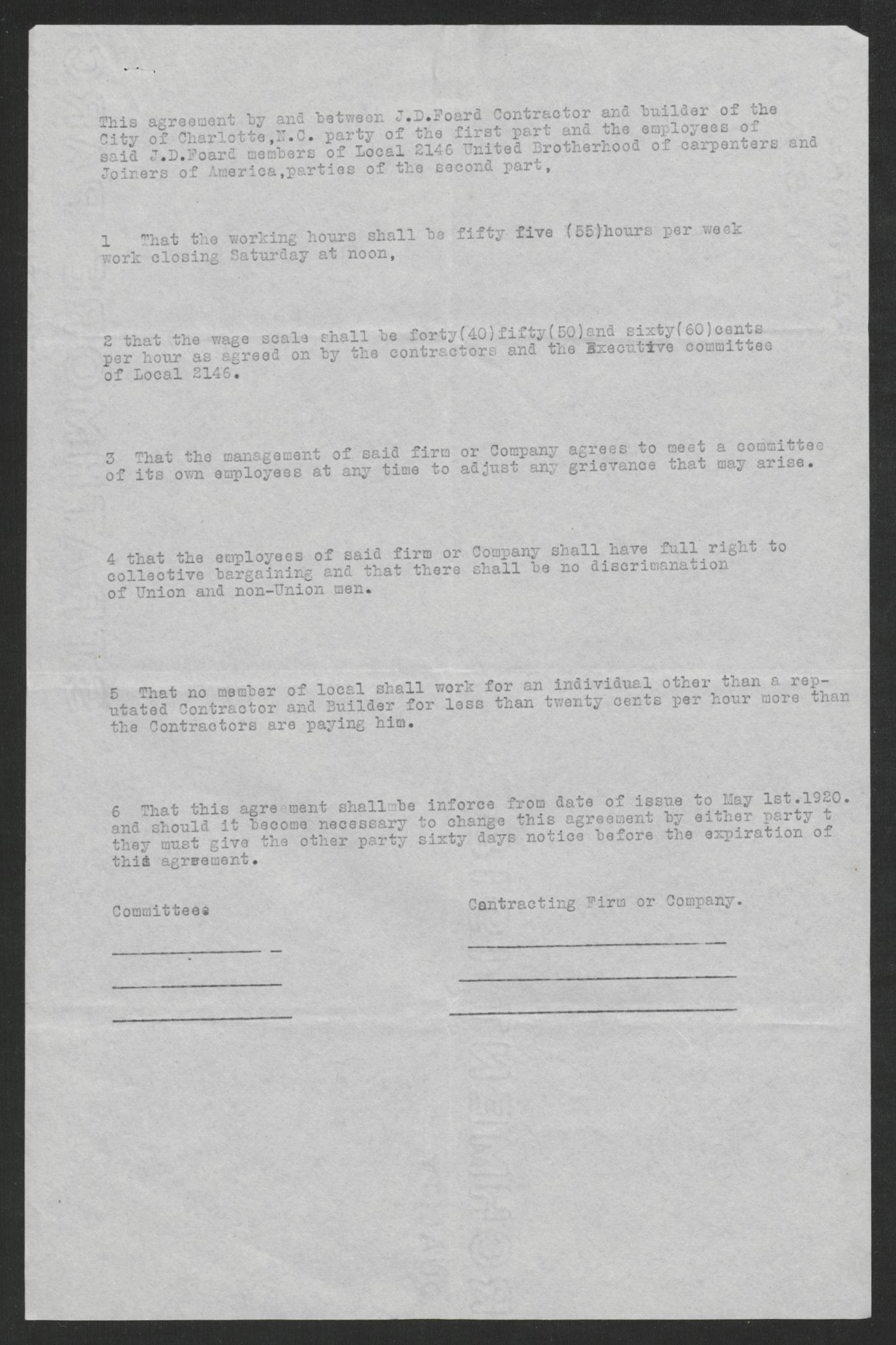 Agreement between J. D. Foard and the United Brotherhood of Carpenters and Joiners, 1 May 1920