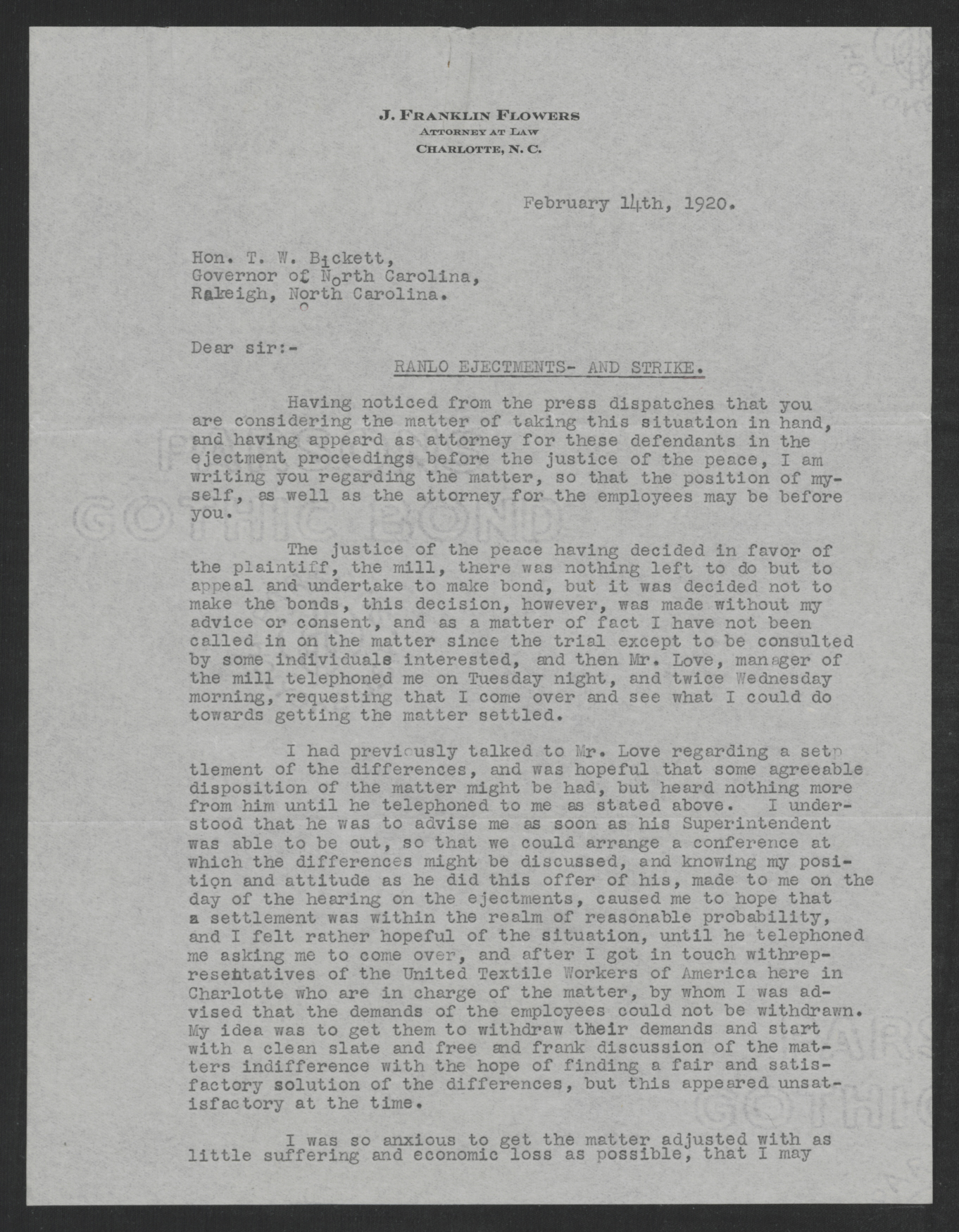 Letter from John F. Flowers to Thomas W. Bickett, February 14, 1920, page 1