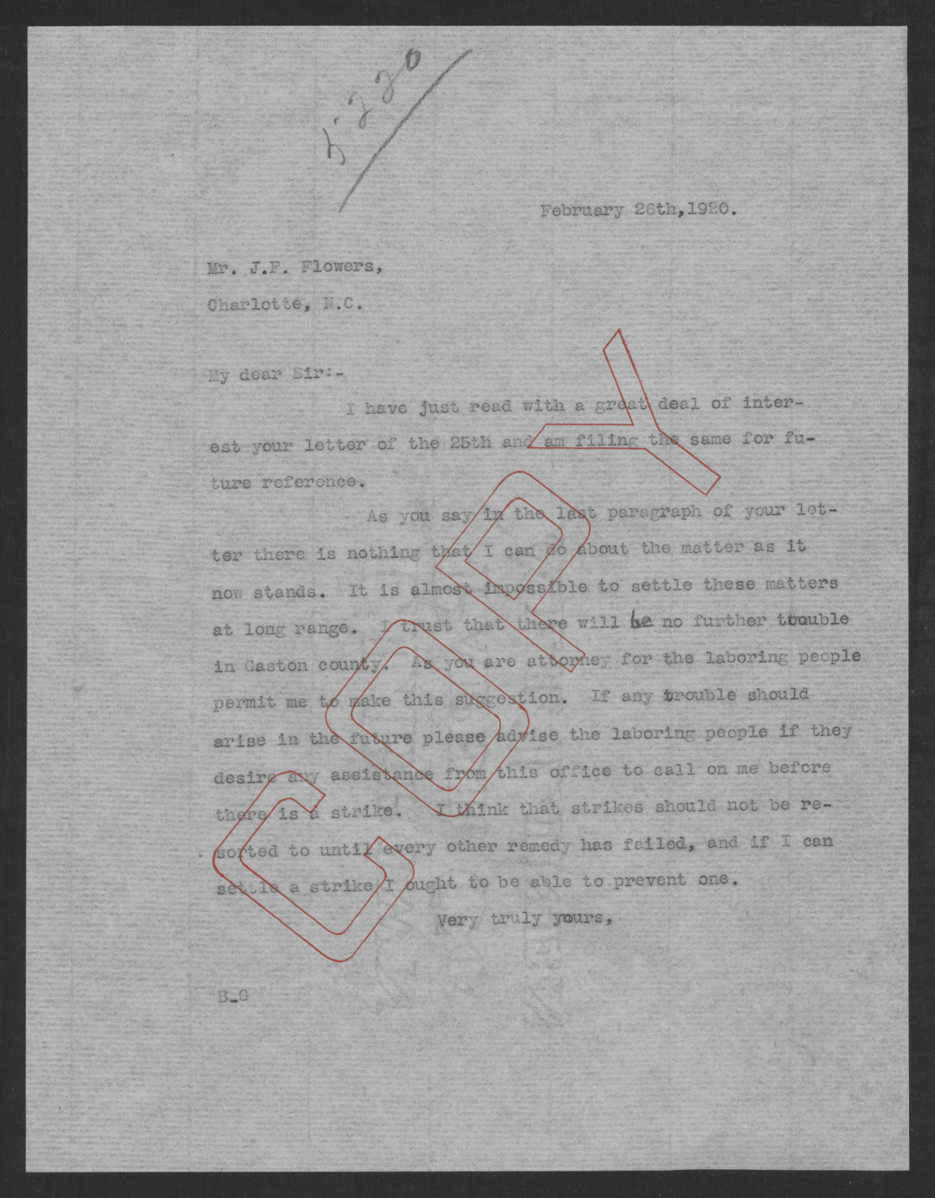 Letter from Thomas W. Bickett to John F. Flowers, February 26, 1920
