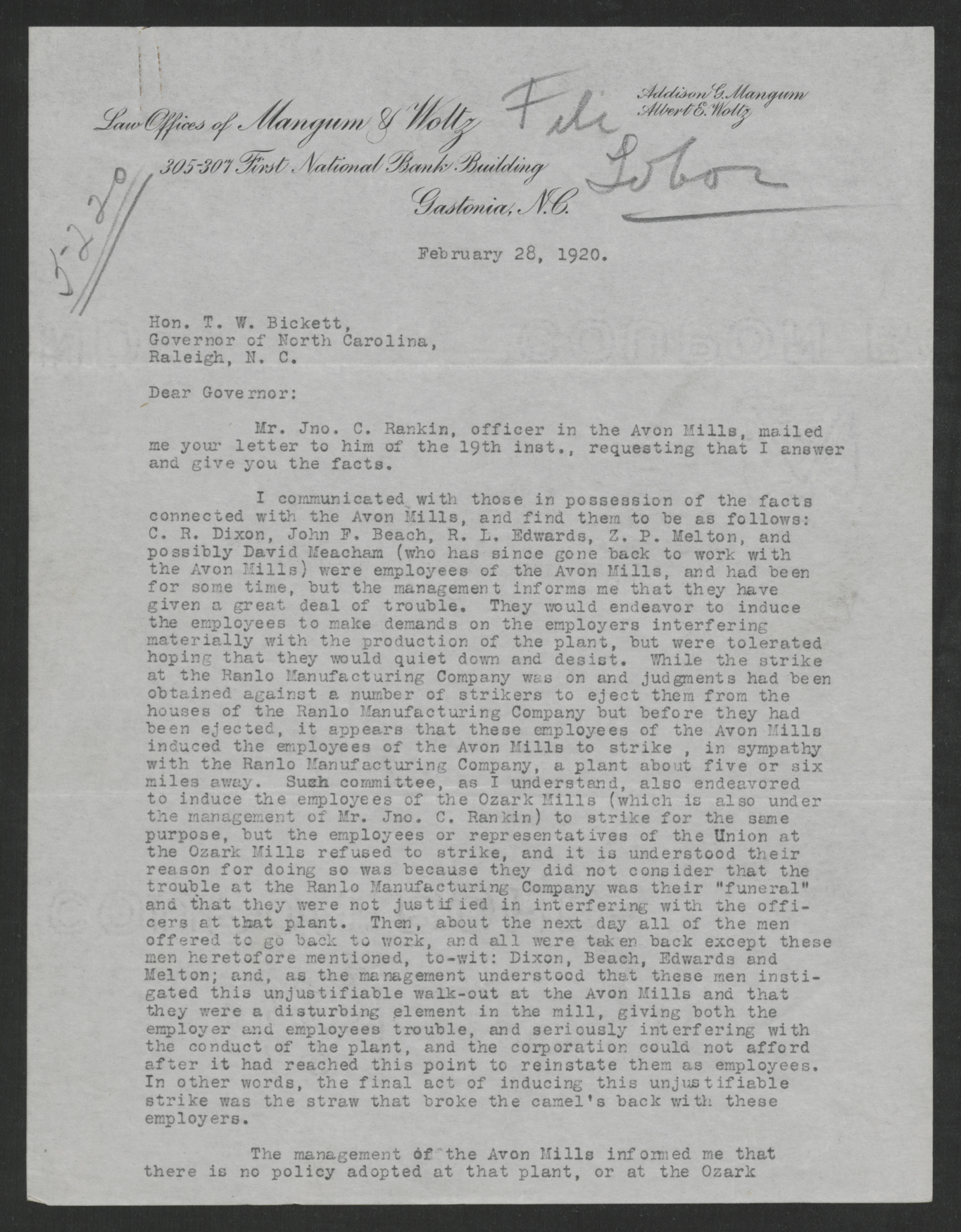 Letter from Addison G. Mangum to Thomas W. Bickett, February 28, 1920, page 1