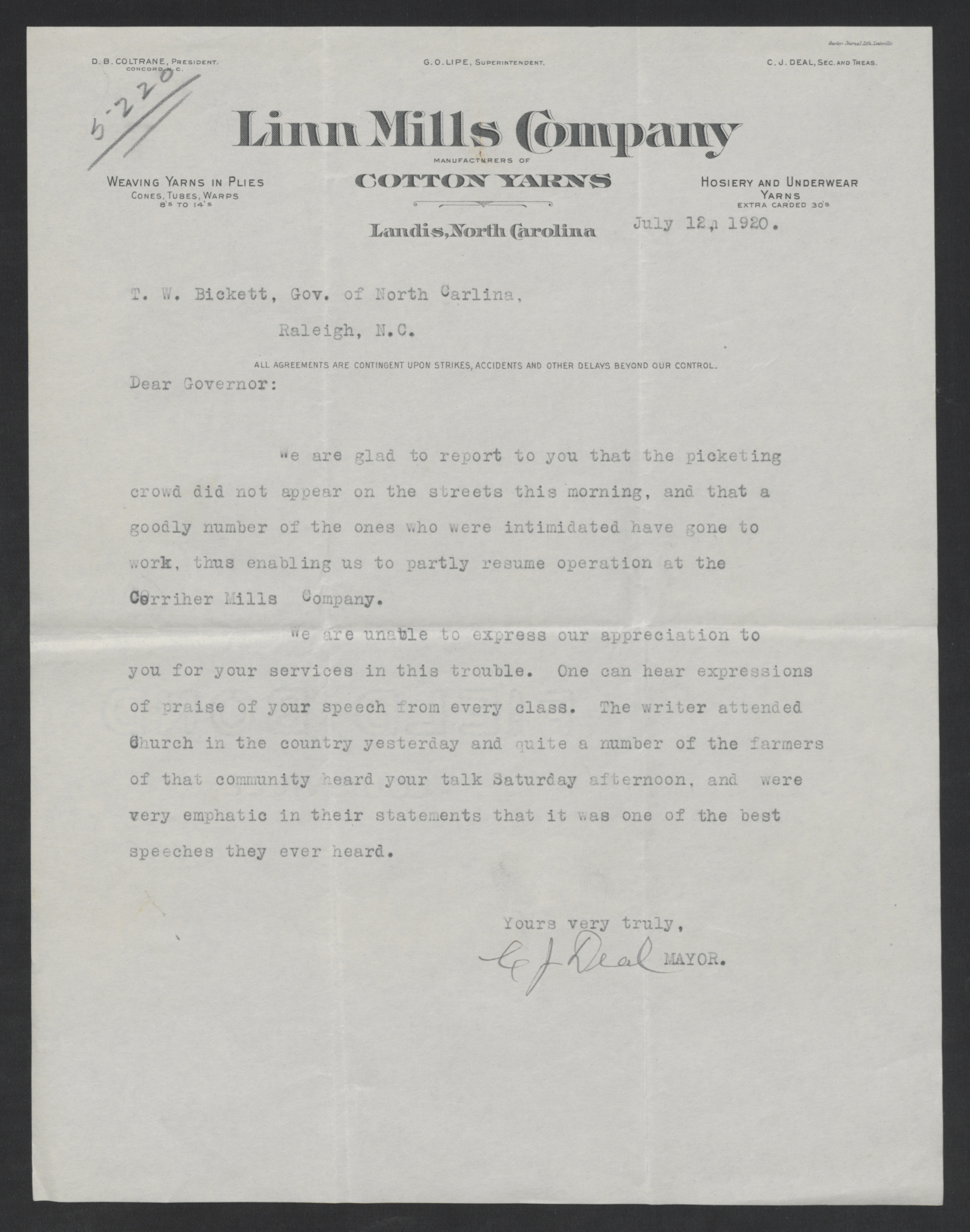 Letter from Calvin J. Deal to Thomas W. Bickett, July 12, 1920