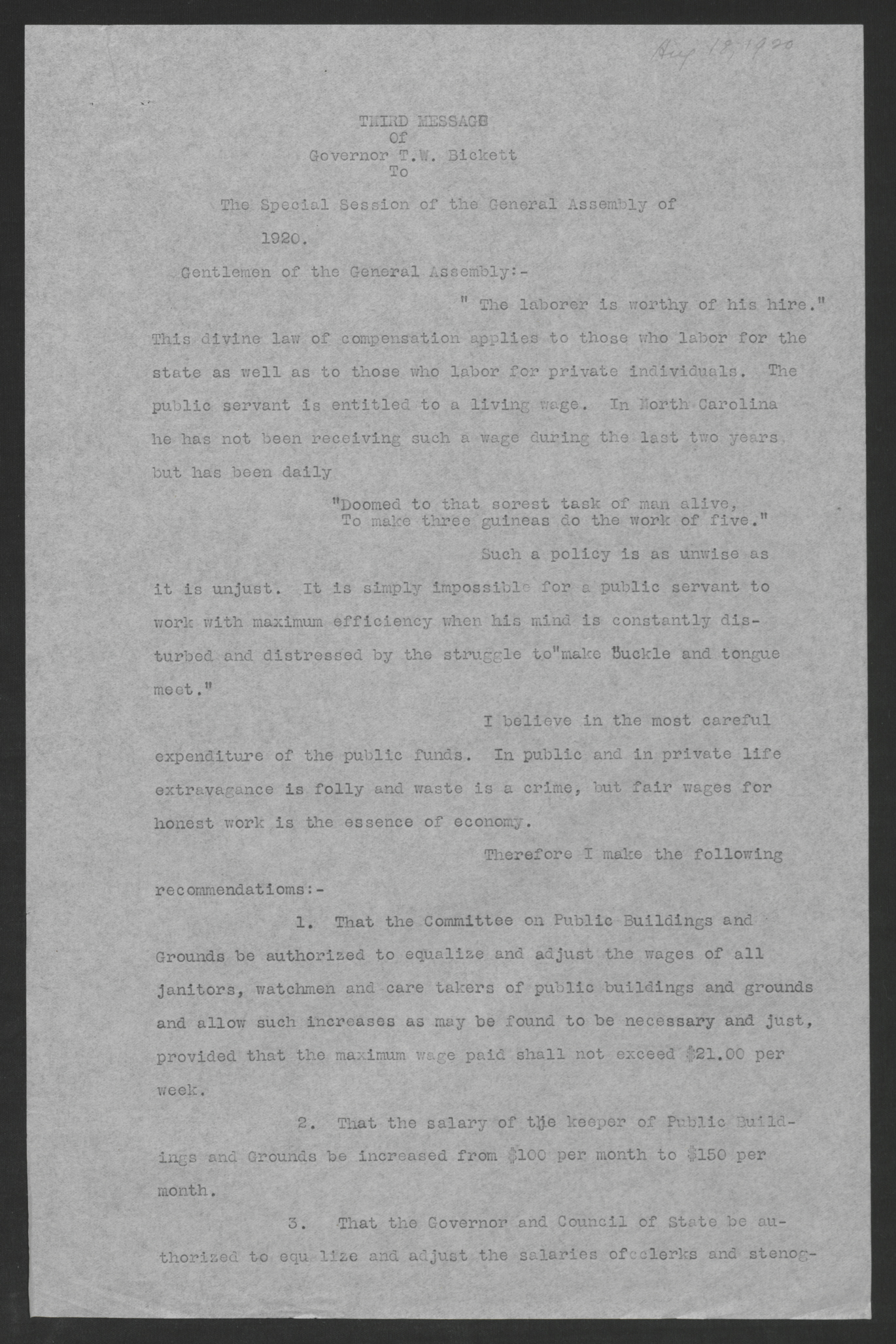 Third Message of Governor Thomas W. Bickett to the Special Session of the General Assembly of 1920, August 18, 1920, page 1