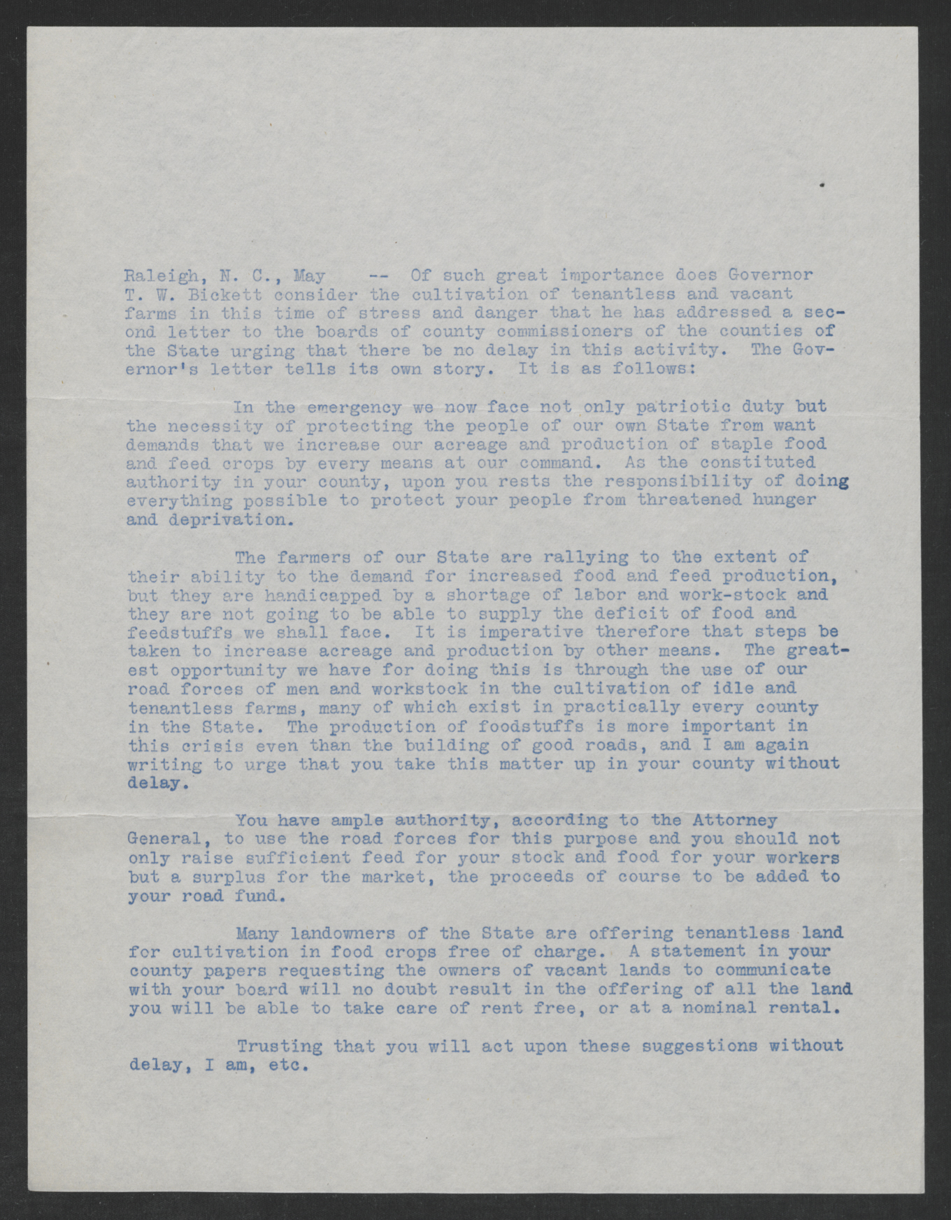 Letter from Thomas W. Bickett to the Boards of County Commissioners, May 1917