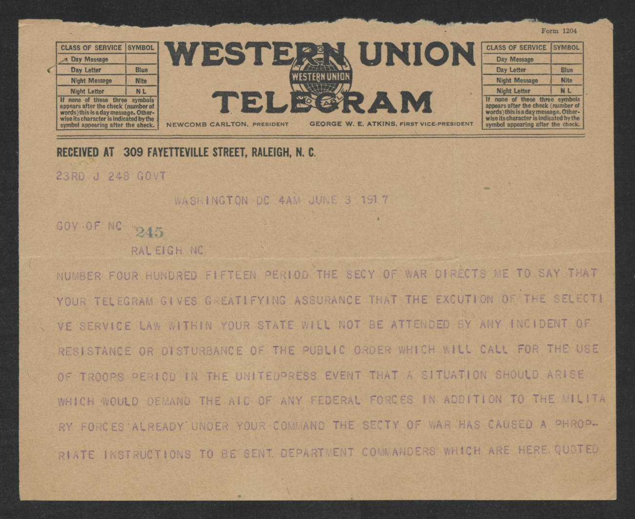 Telegram from Enoch H. Crowder to Thomas W. Bickett, June 3, 1917, page 1