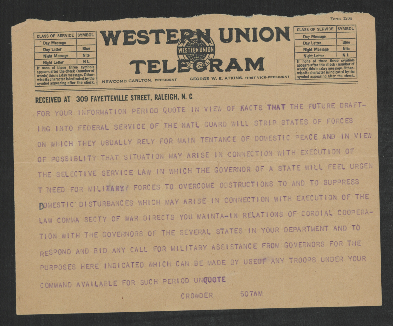 Telegram from Enoch H. Crowder to Thomas W. Bickett, June 3, 1917, page 2