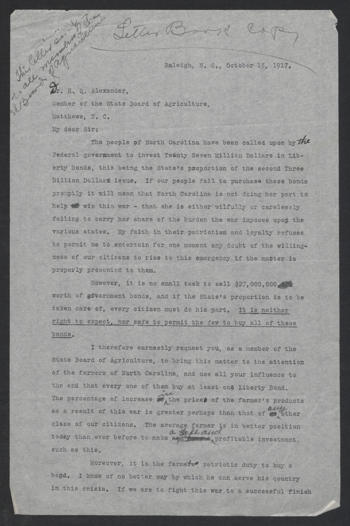 Letter from Thomas W. Bickett to Henry Q. Alexander, October 15, 1917, page 1