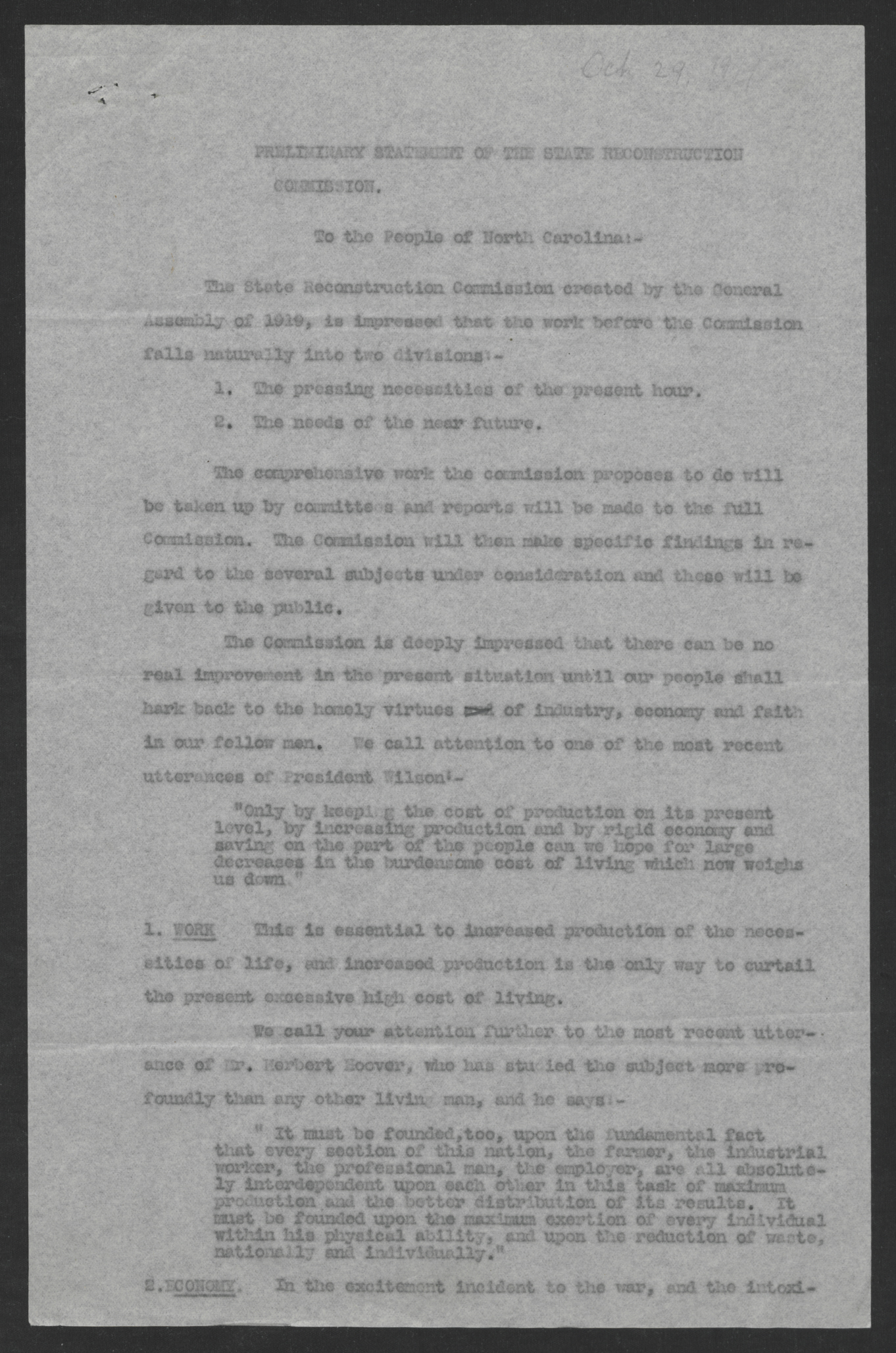 Preliminary Statement of the State Reconstruction Commission by Governor Thomas W. Bickett, October 29, 1919, page 1