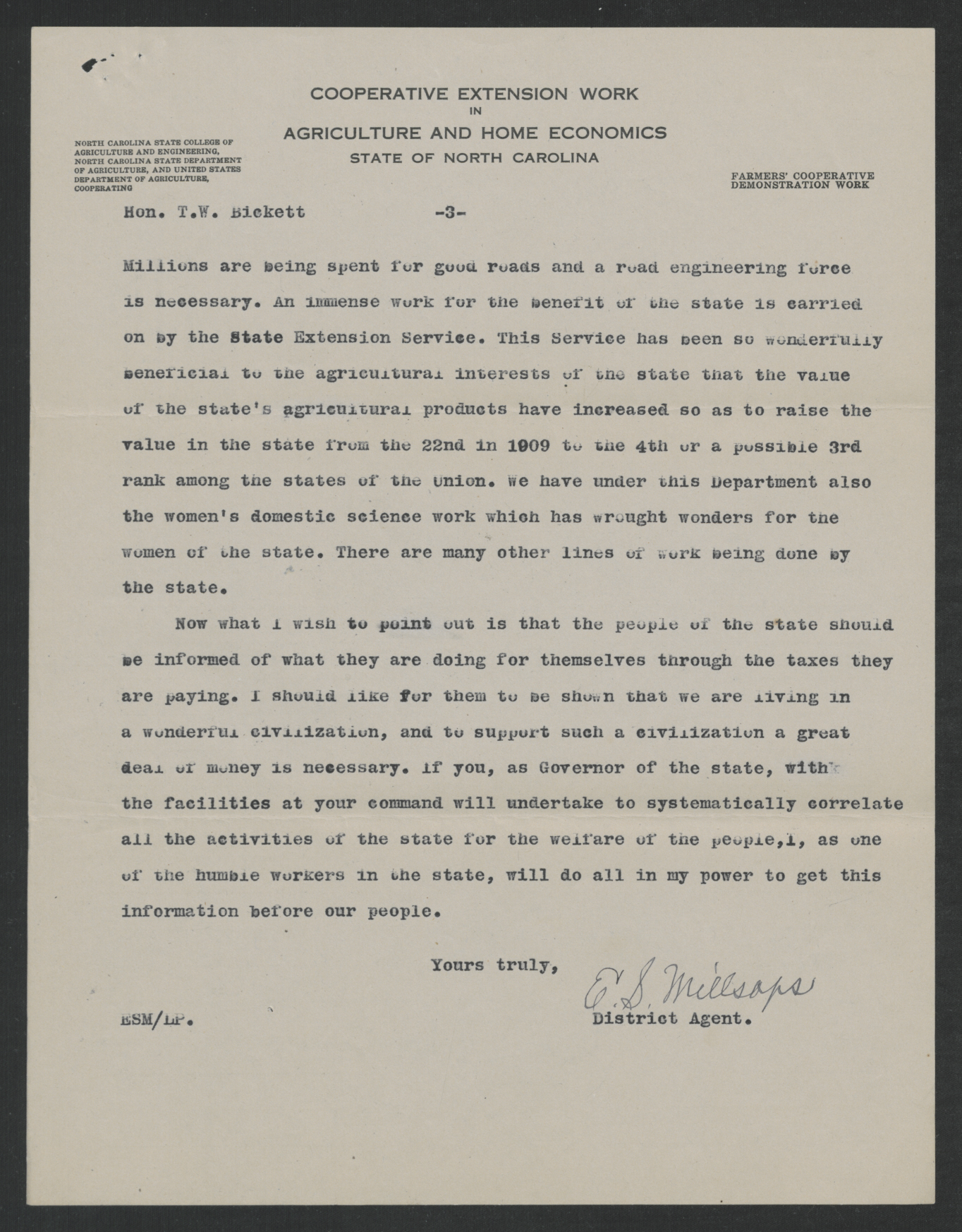 Letter from Elliott S. Millsaps to Thomas W. Bickett, January 2, 1920, page 3