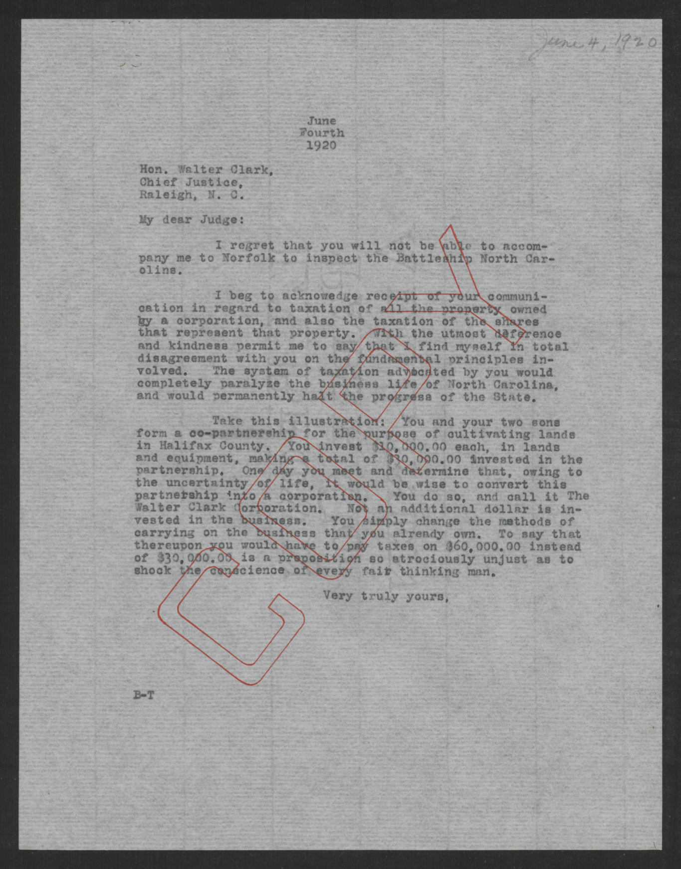 Letter from Thomas W. Bickett to Walter M. Clark, June 4, 1920
