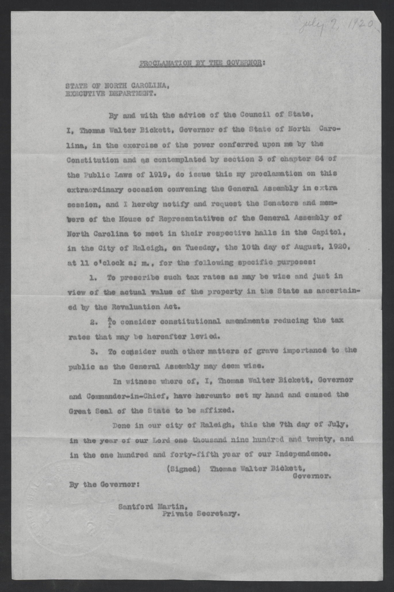 Proclamation by Governor Thomas W. Bickett Convening the General Assembly in Extra Session, July 2, 1920