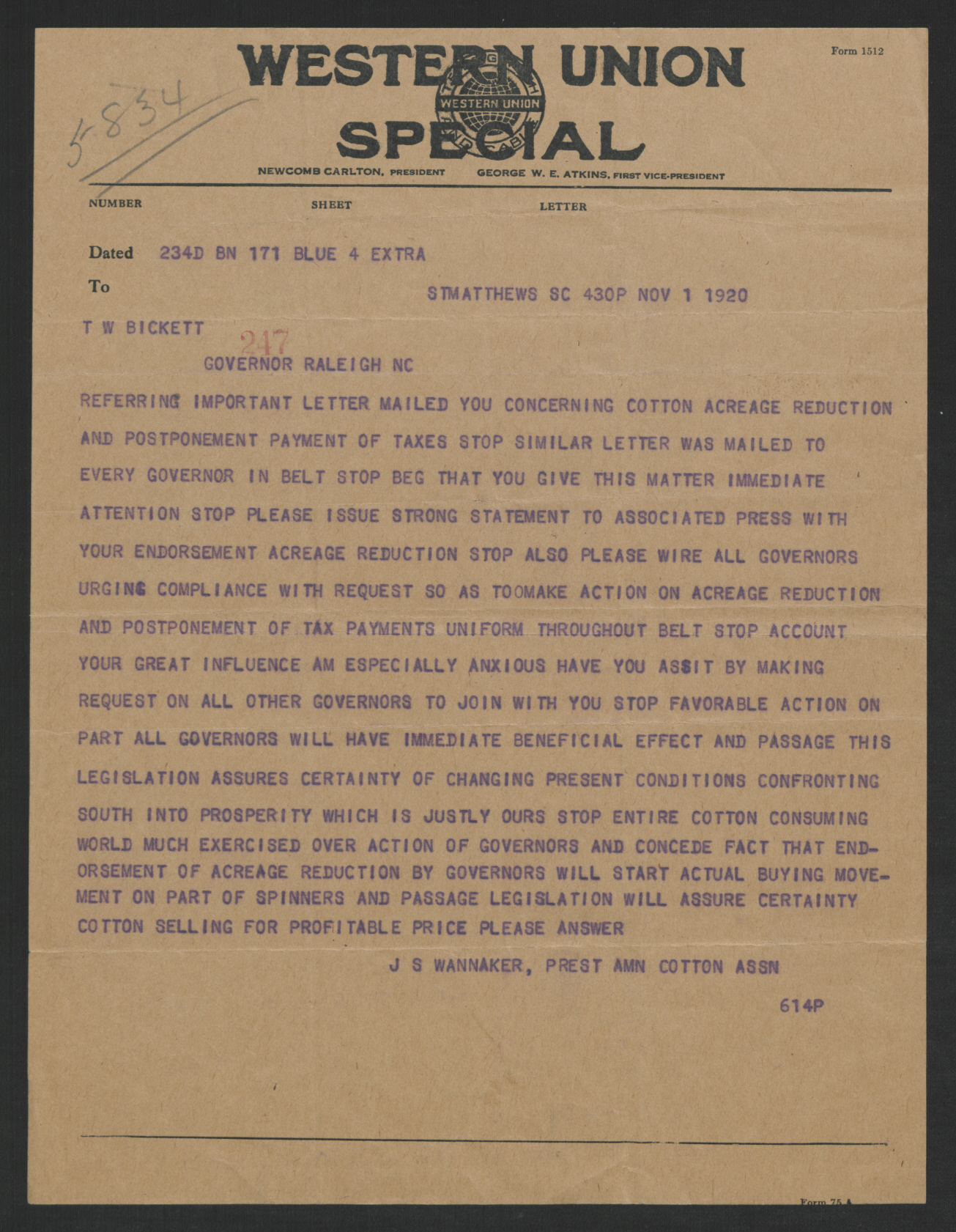 Telegram from John S. Wannamaker to Thomas W. Bickett, November 1, 1920