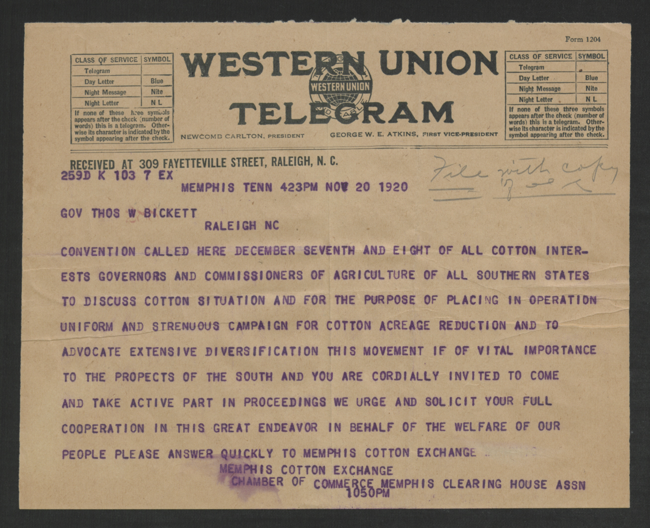 Telegram from the Memphis Cotton Exchange to Thomas W. Bickett, November 20, 1920