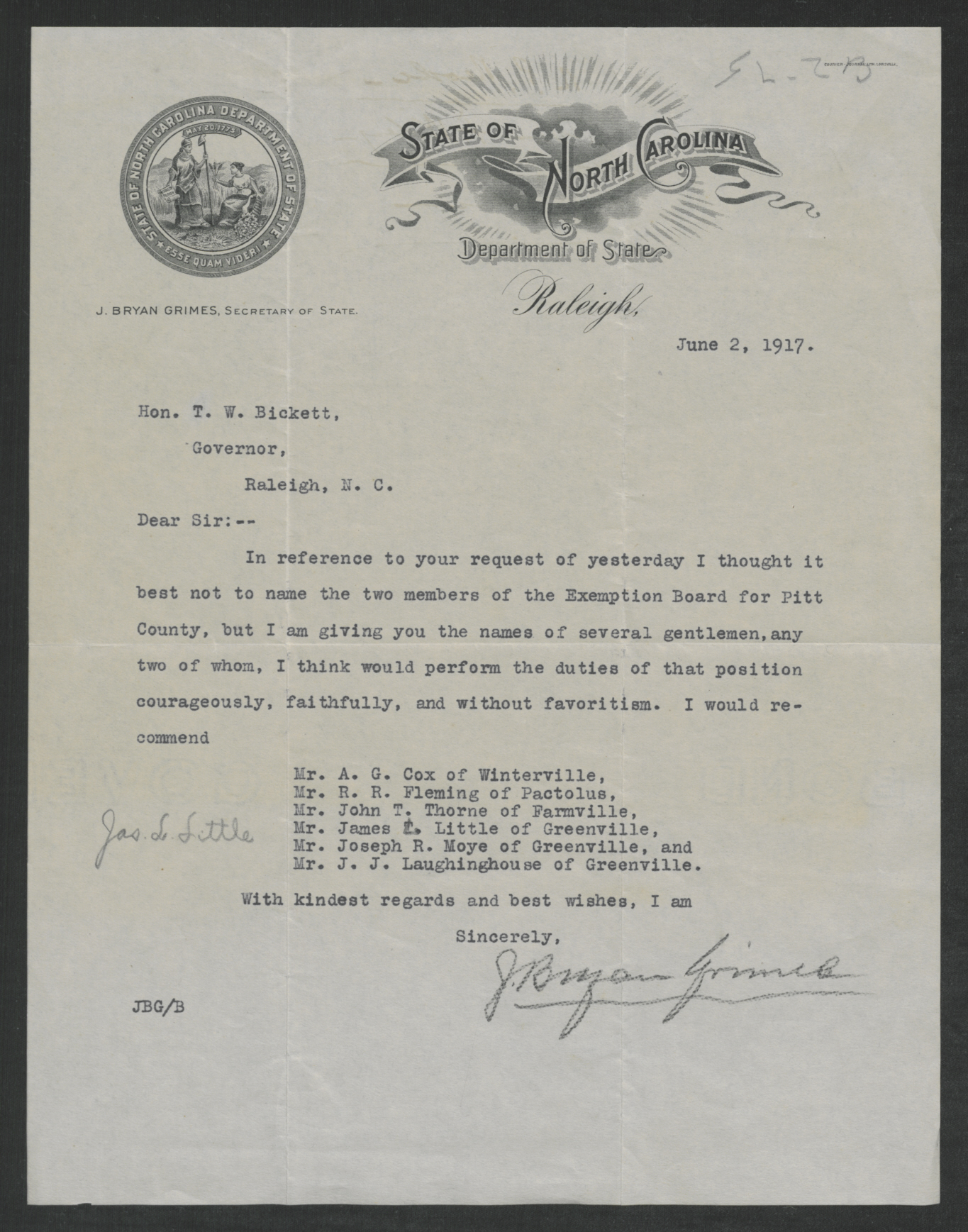 Letter from J. Bryan Grimes to Thomas W. Bickett, June 2, 1917
