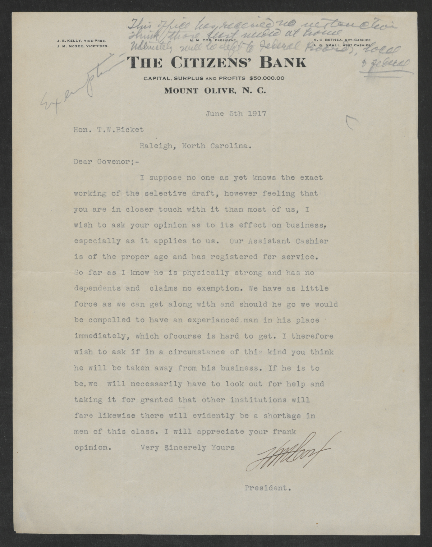 Letter from Headley M. Cox to Thomas W. Bickett, June 5, 1917