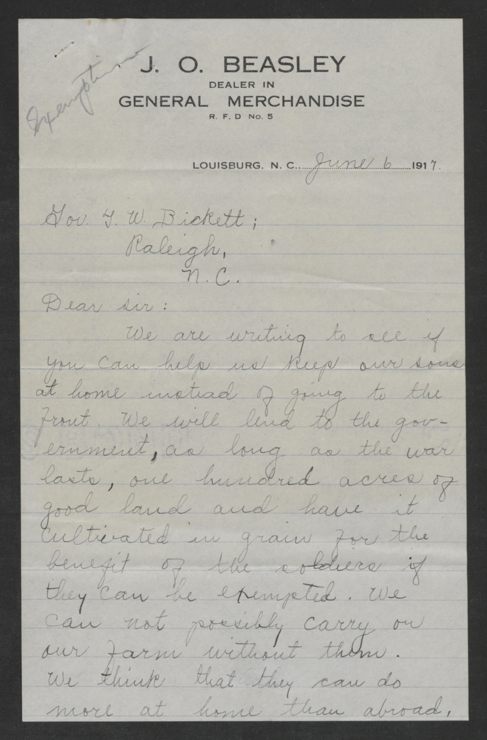 Letter from Joseph and Mary Beasley to Thomas W. Bickett, June 6, 1917, page 1