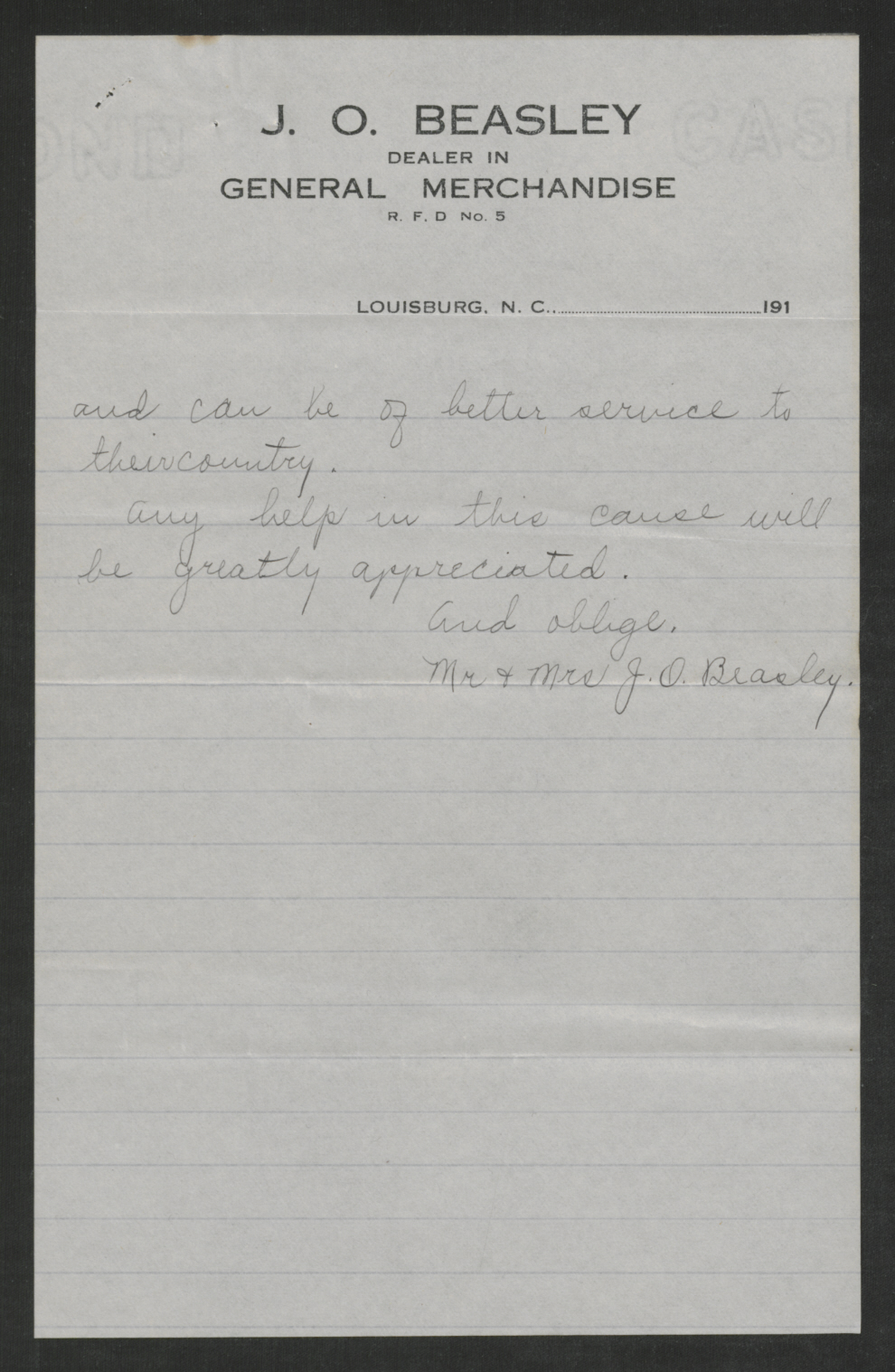 Letter from Joseph and Mary Beasley to Thomas W. Bickett, June 6, 1917, page 2