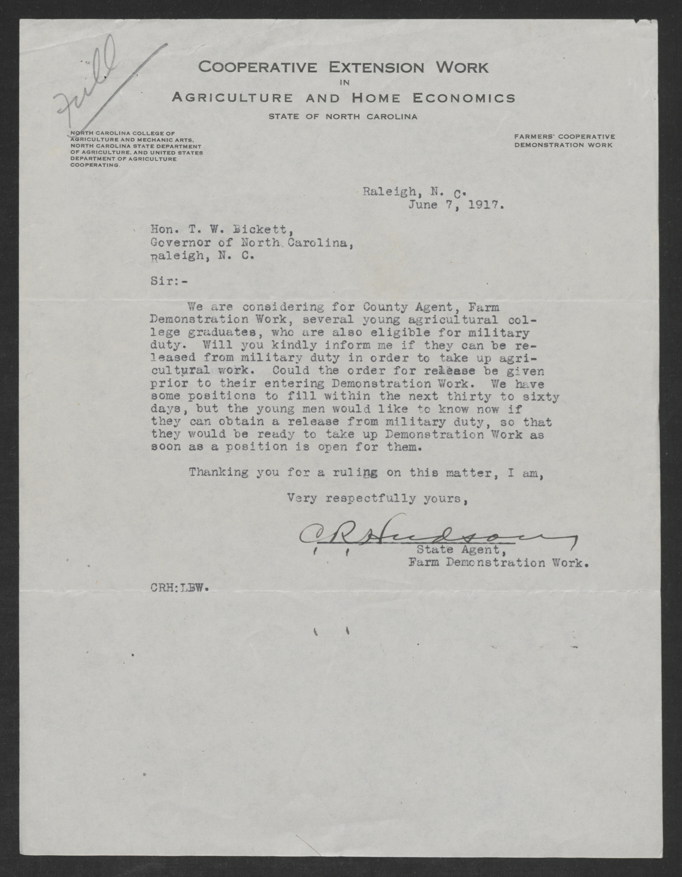 Letter from Cassius R. Hudson to Thomas W. Bickett, June 7, 1917