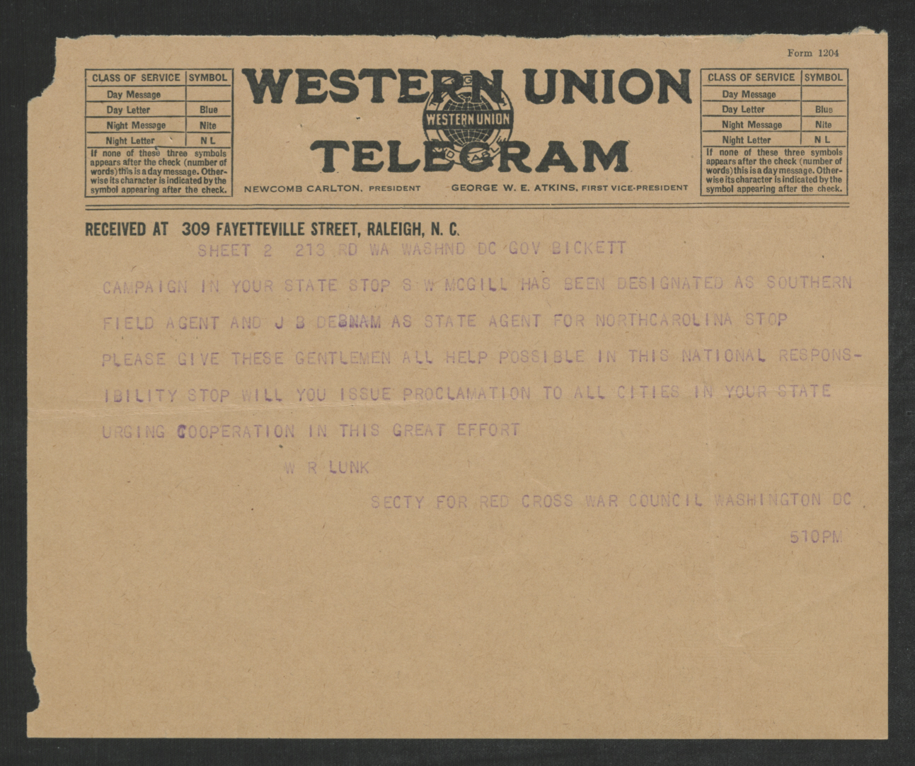 Telegram from William R. Lunk to Thomas W. Bickett, June 8, 1917, page 2