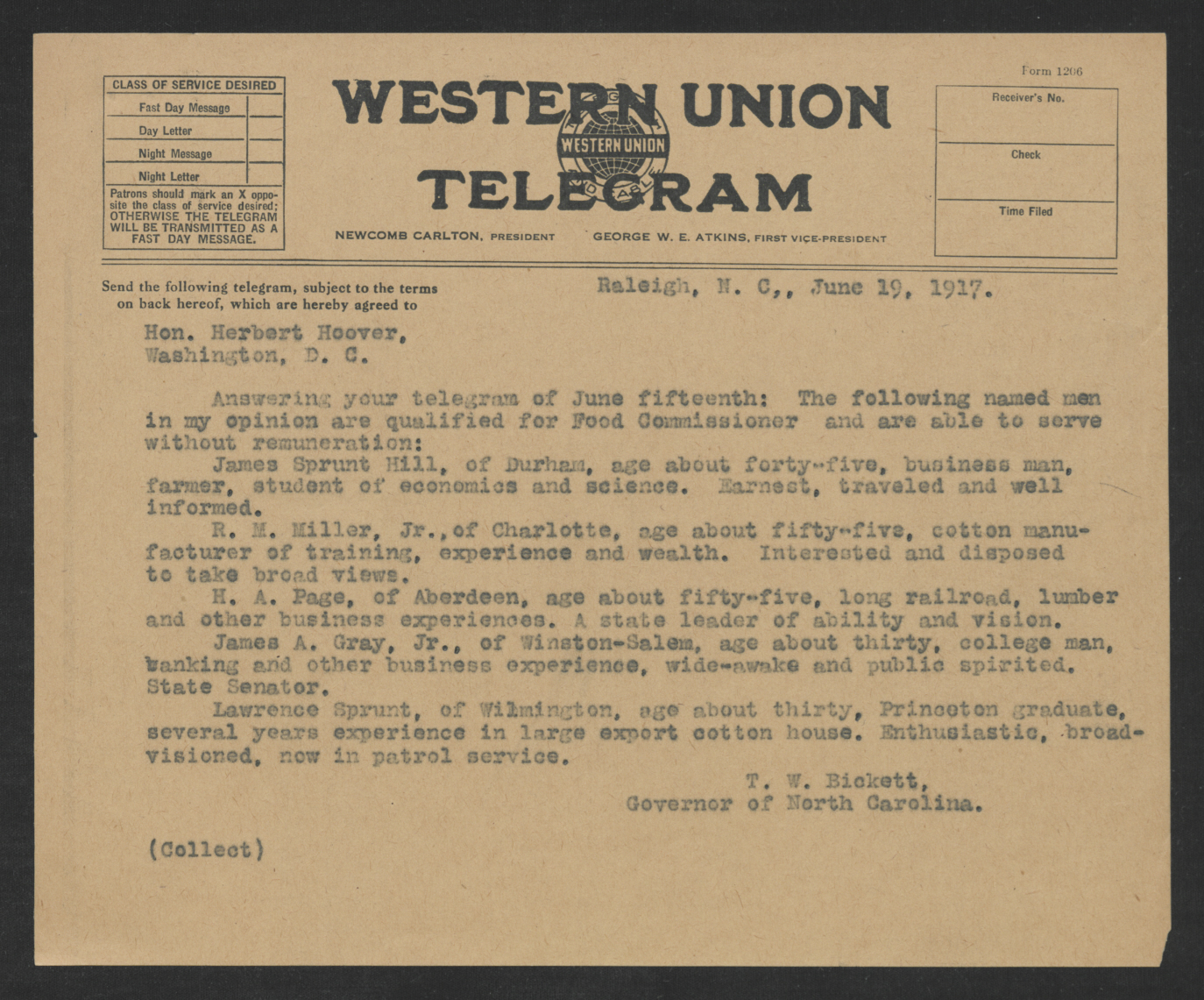 Telegram from Thomas W. Bickett to Herbert C. Hoover, June 19, 1917