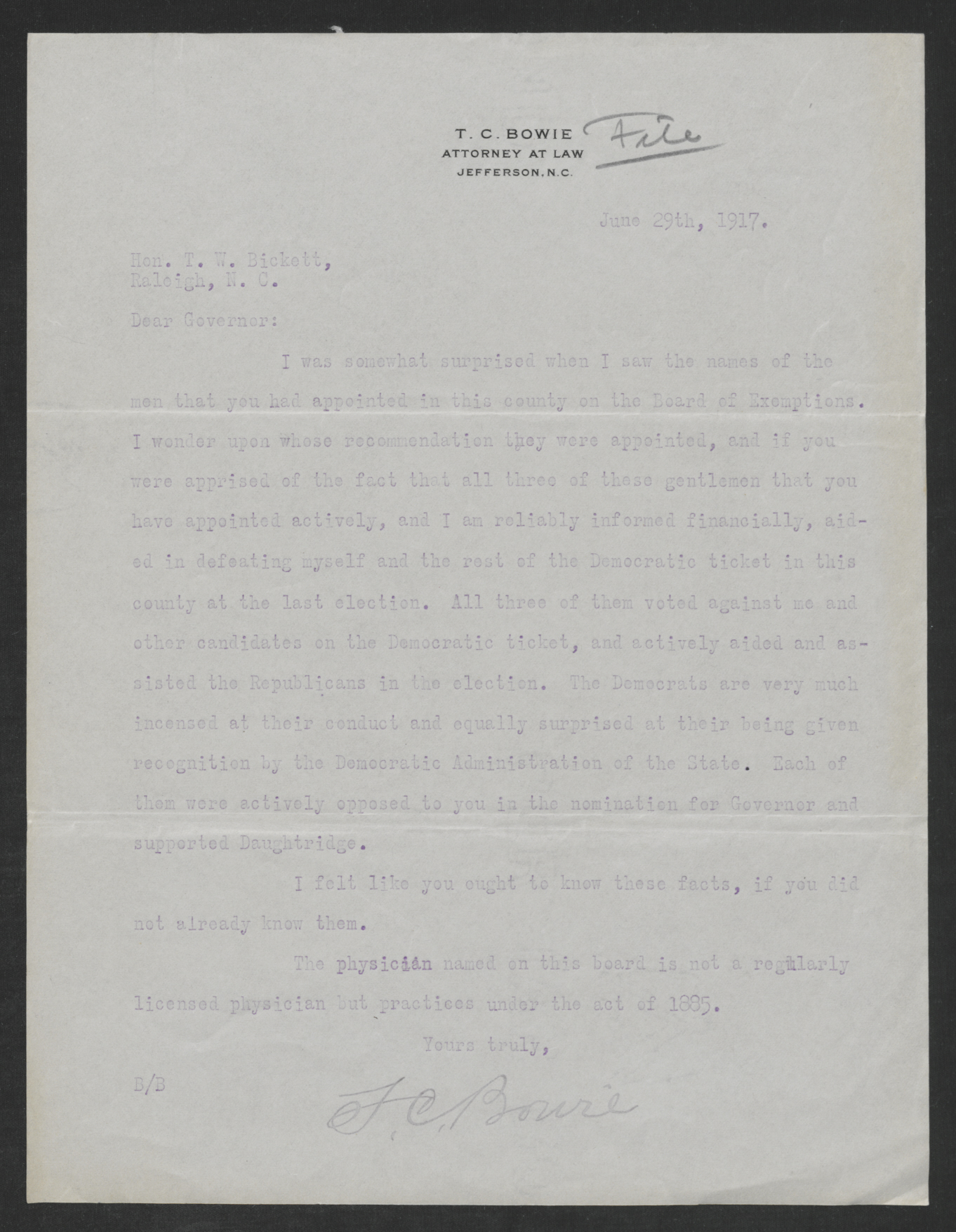 Letter from Thomas C. Bowie to Thomas W. Bickett, June 29, 1917