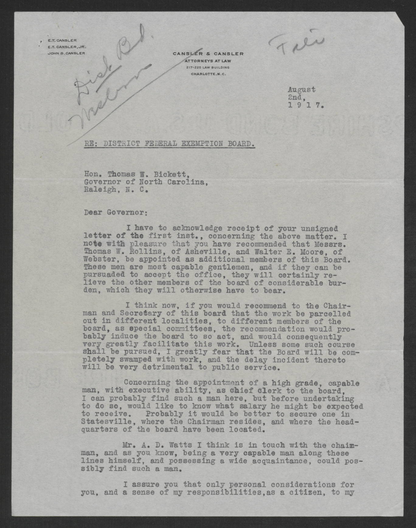 Letter from Edwin T. Cansler to Thomas W. Bickett, August 2, 1917, page 1