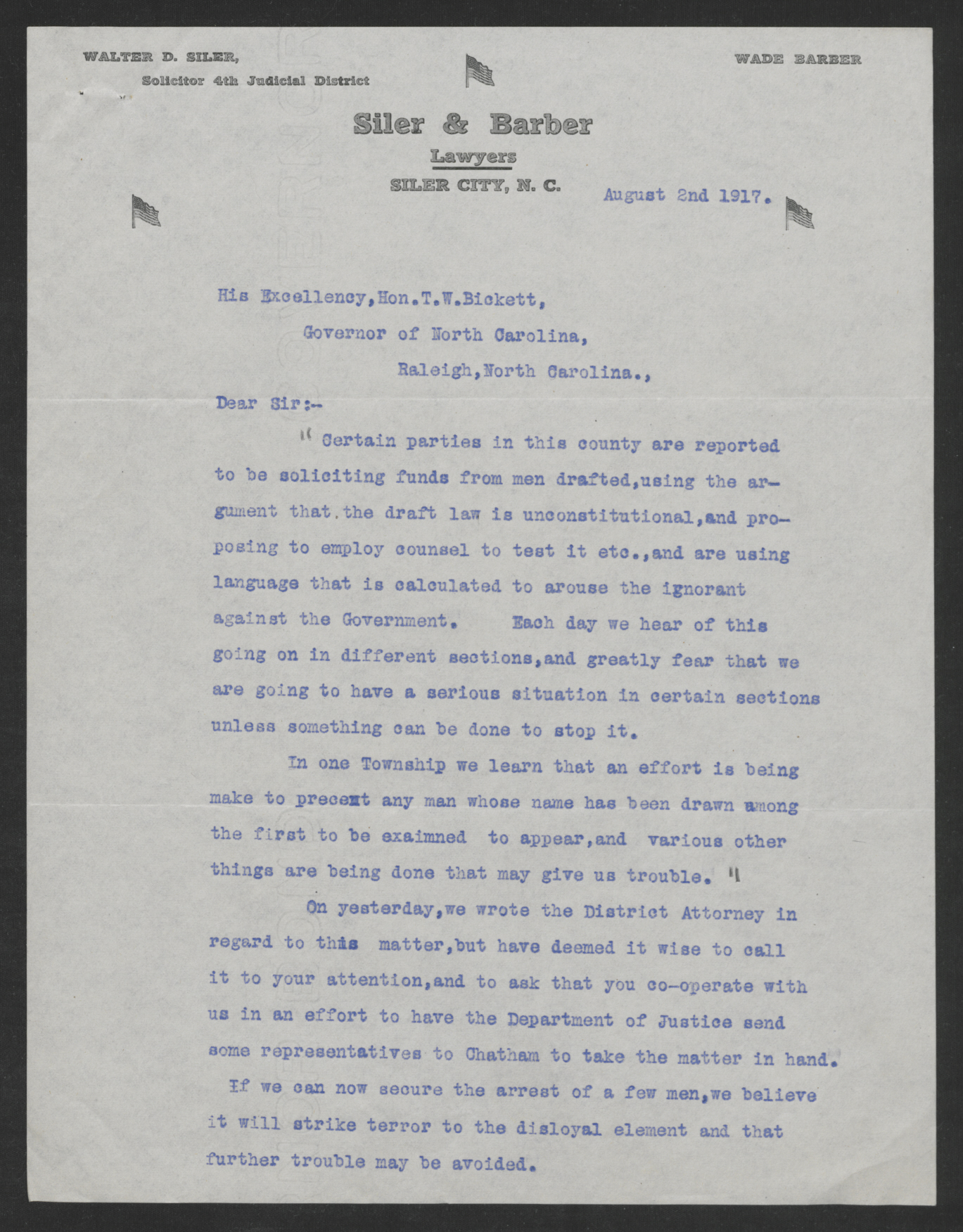Letter from Leon T. Lane and Walter D. Siler to Thomas W. Bickett, August 2, 1917, page 1