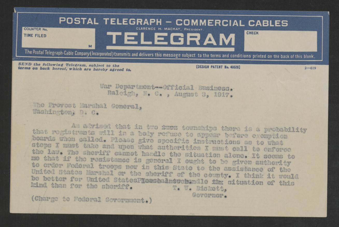 Telegram from Thomas W. Bickett to Enoch H. Crowder, August 3, 1917