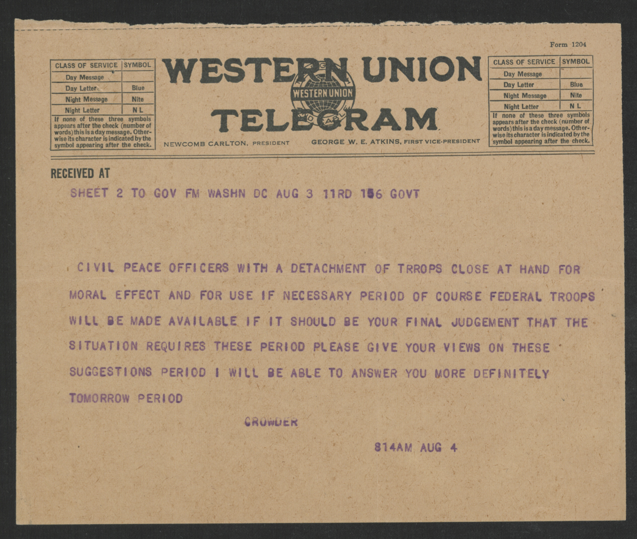 Telegram from Enoch H. Crowder to Thomas W. Bickett, August 3, 1917, page 2