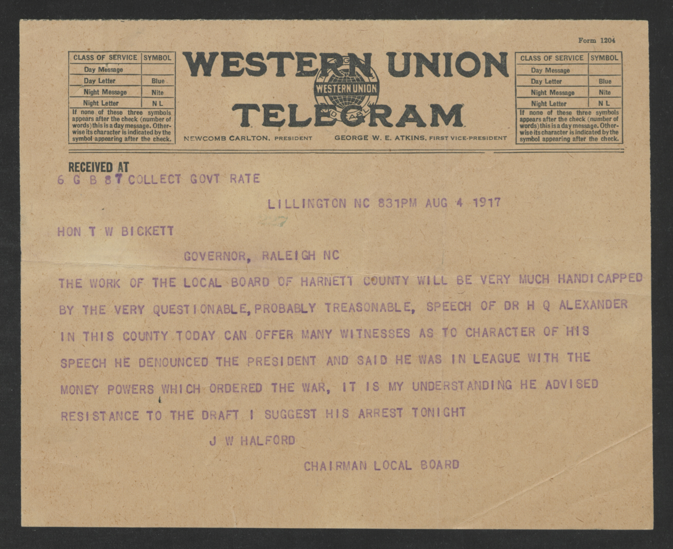 Telegram from Joseph W. Halford to Thomas W. Bickett, August 4, 1917