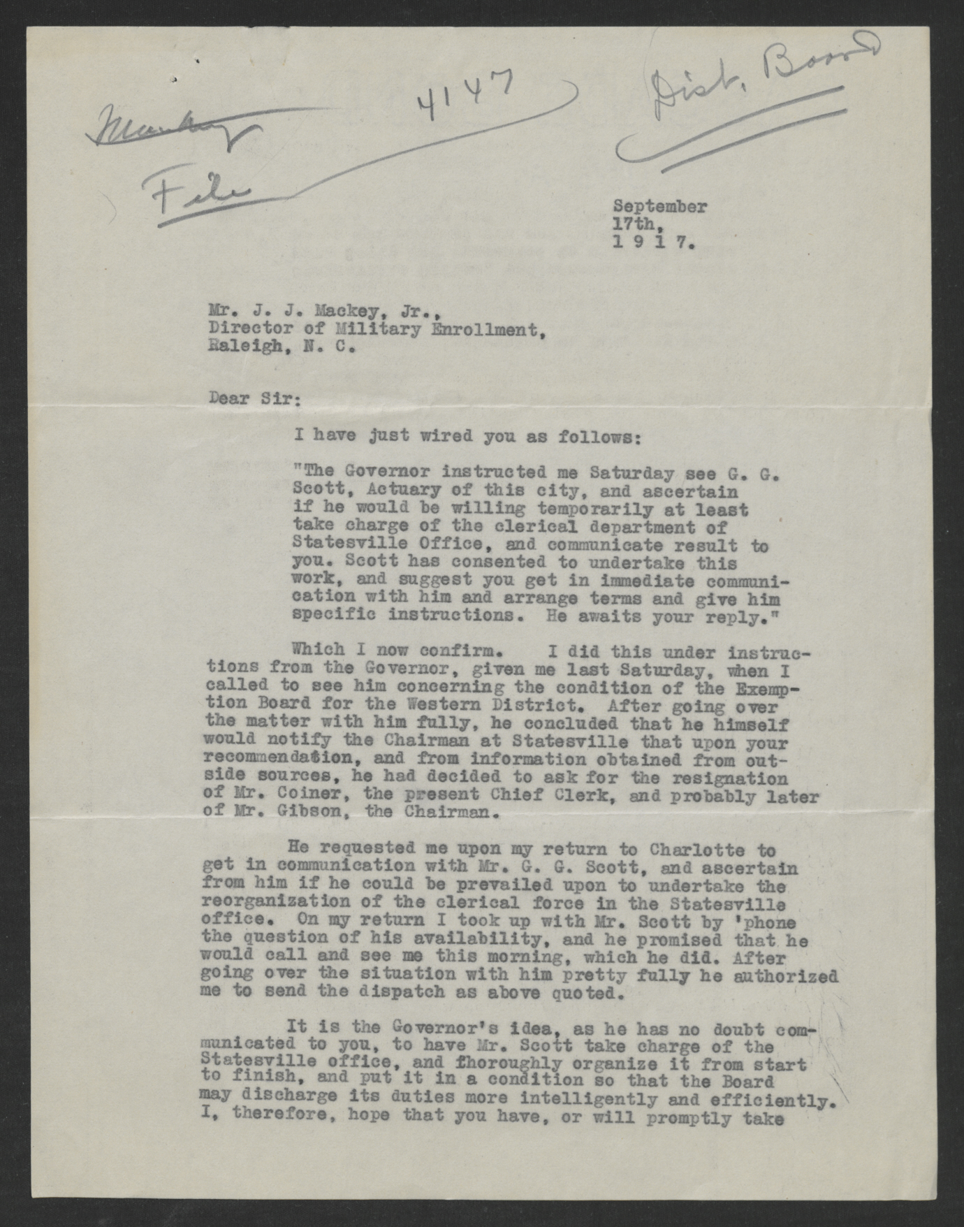 Letter from Edwin T. Cansler to Joseph J. Mackay, Jr., September 17, 1917, page 1