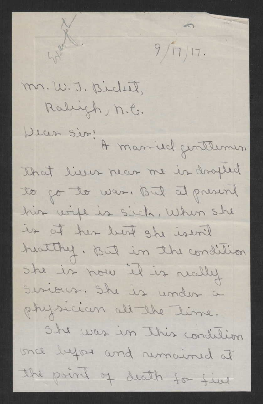 Letter from Ruth Jones to Thomas W. Bickett, September 11, 1917, page 1