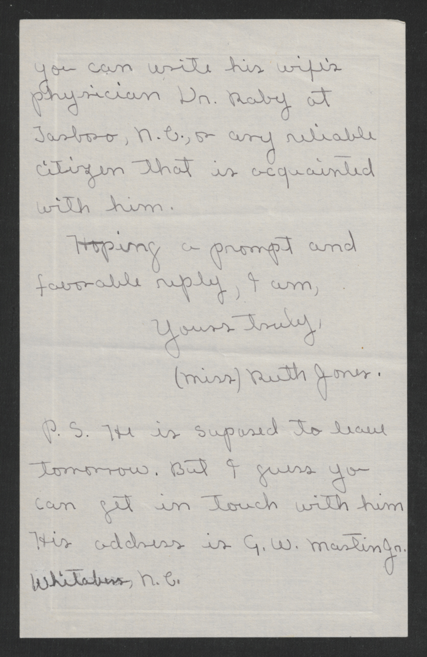 Letter from Ruth Jones to Thomas W. Bickett, September 11, 1917, page 3