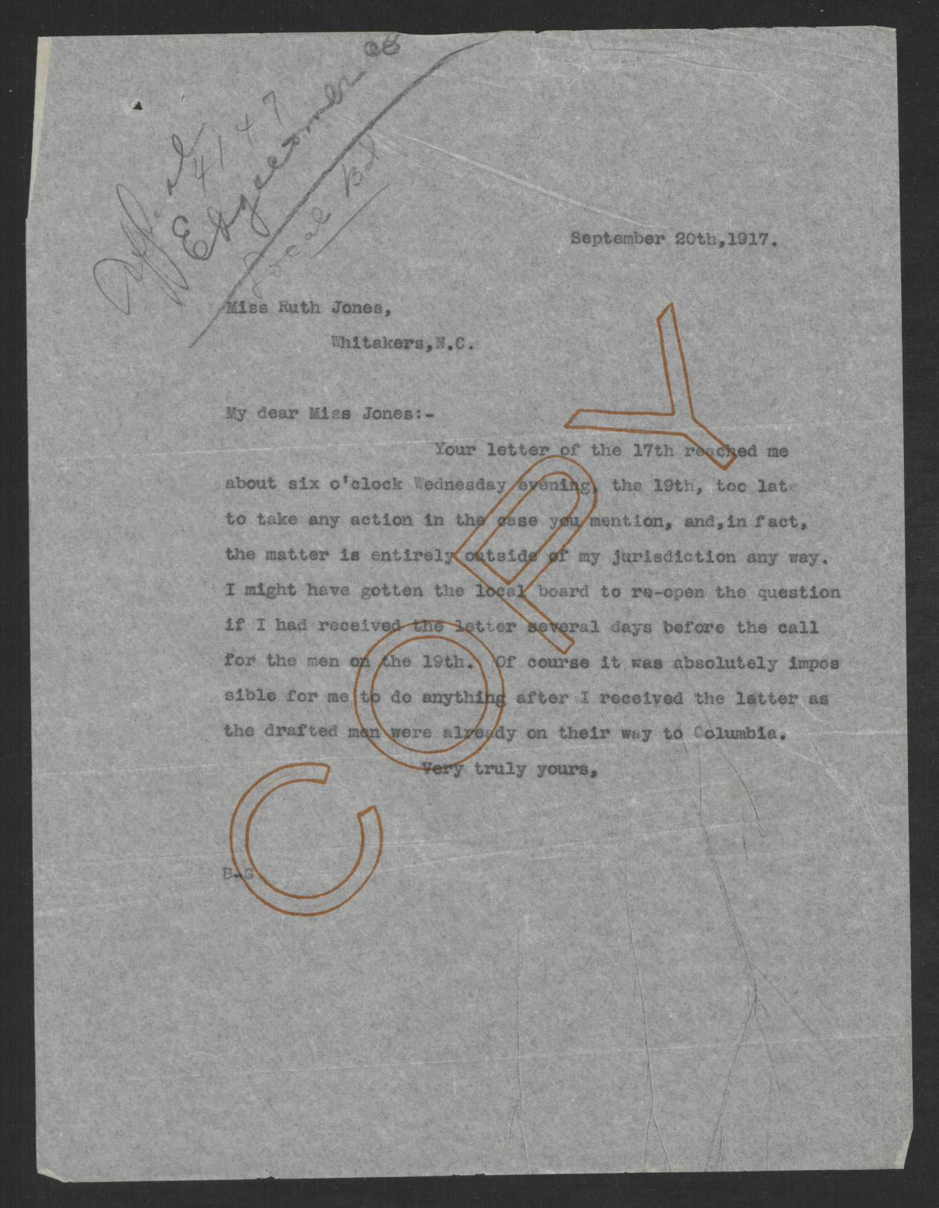 Letter from Thomas W. Bickett to Ruth Jones, September 20, 1917