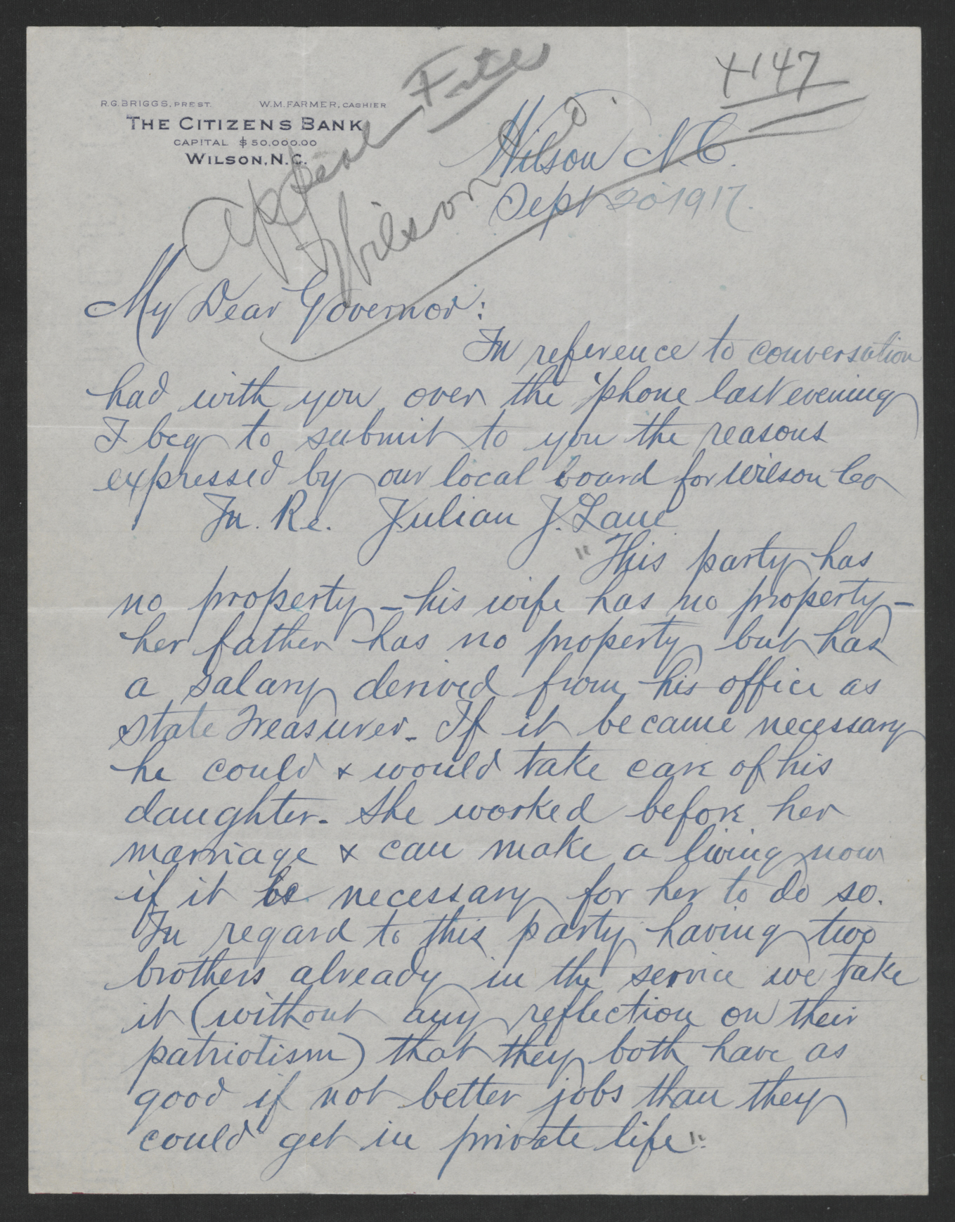 Letter from Roscoe G. Briggs to Thomas W. Bickett, September 20, 1917, page 1