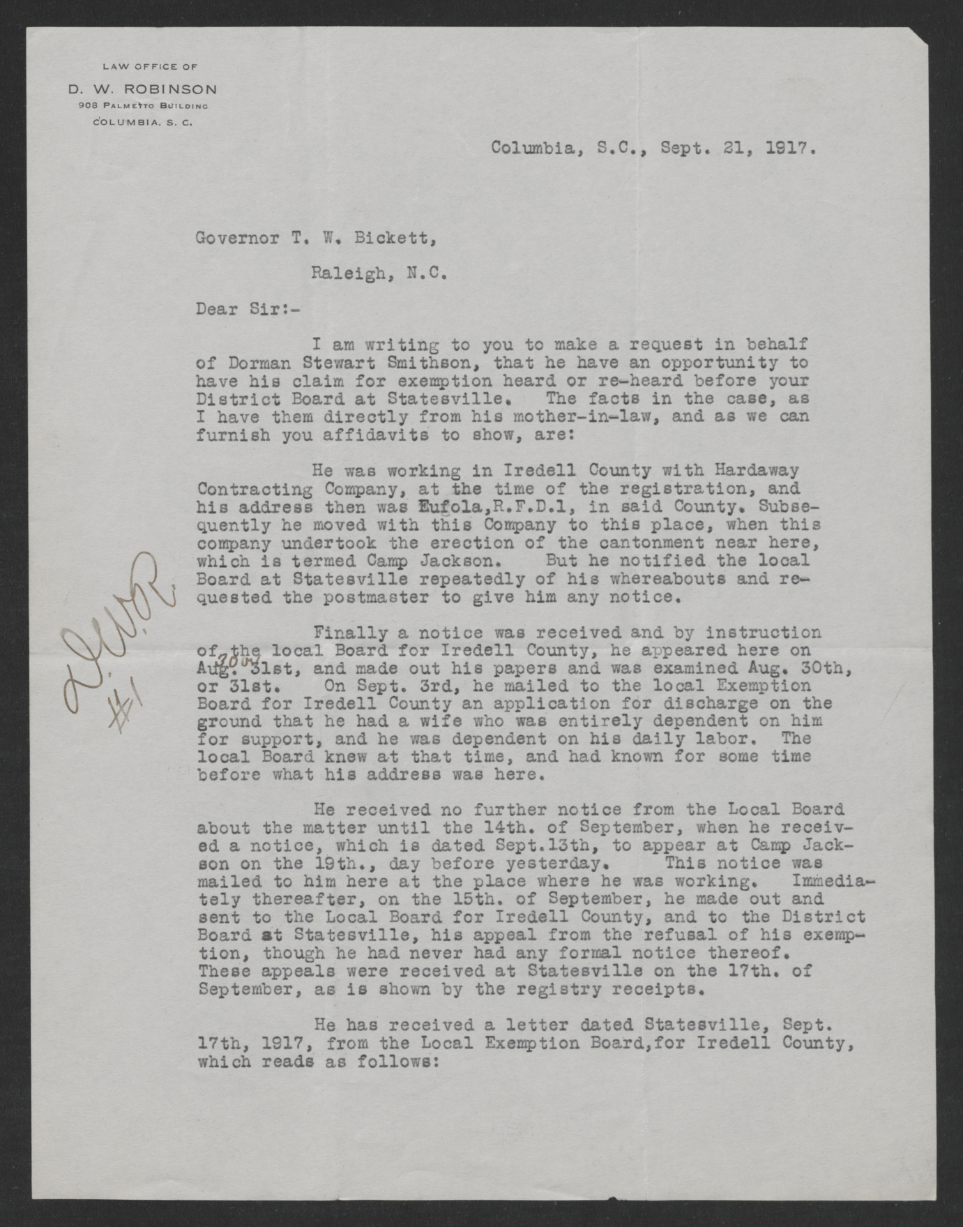 Letter from David W. Robinson to Thomas W. Bickett, September 21, 1917, page 1