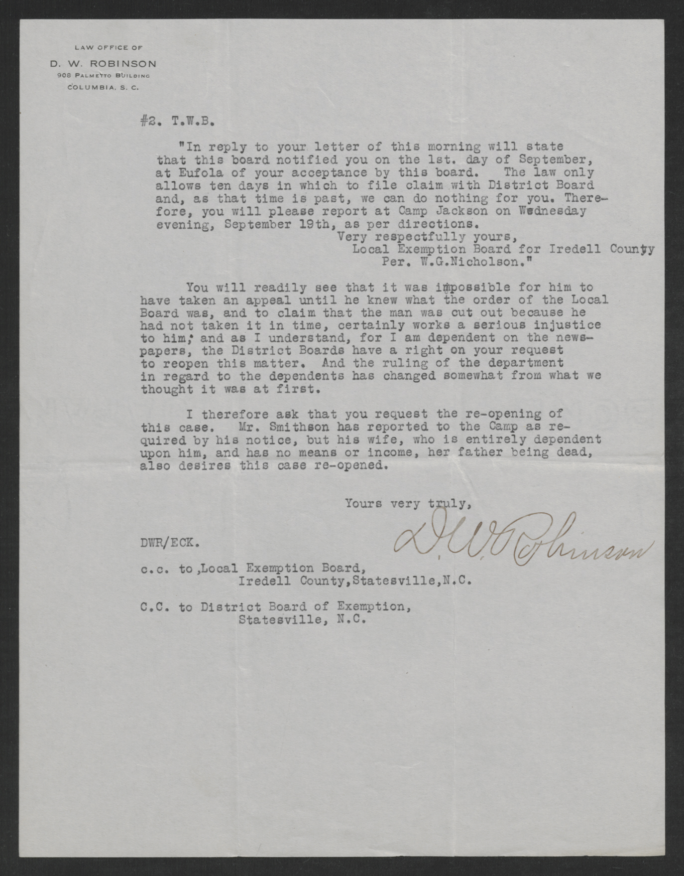 Letter from David W. Robinson to Thomas W. Bickett, September 21, 1917, page 2