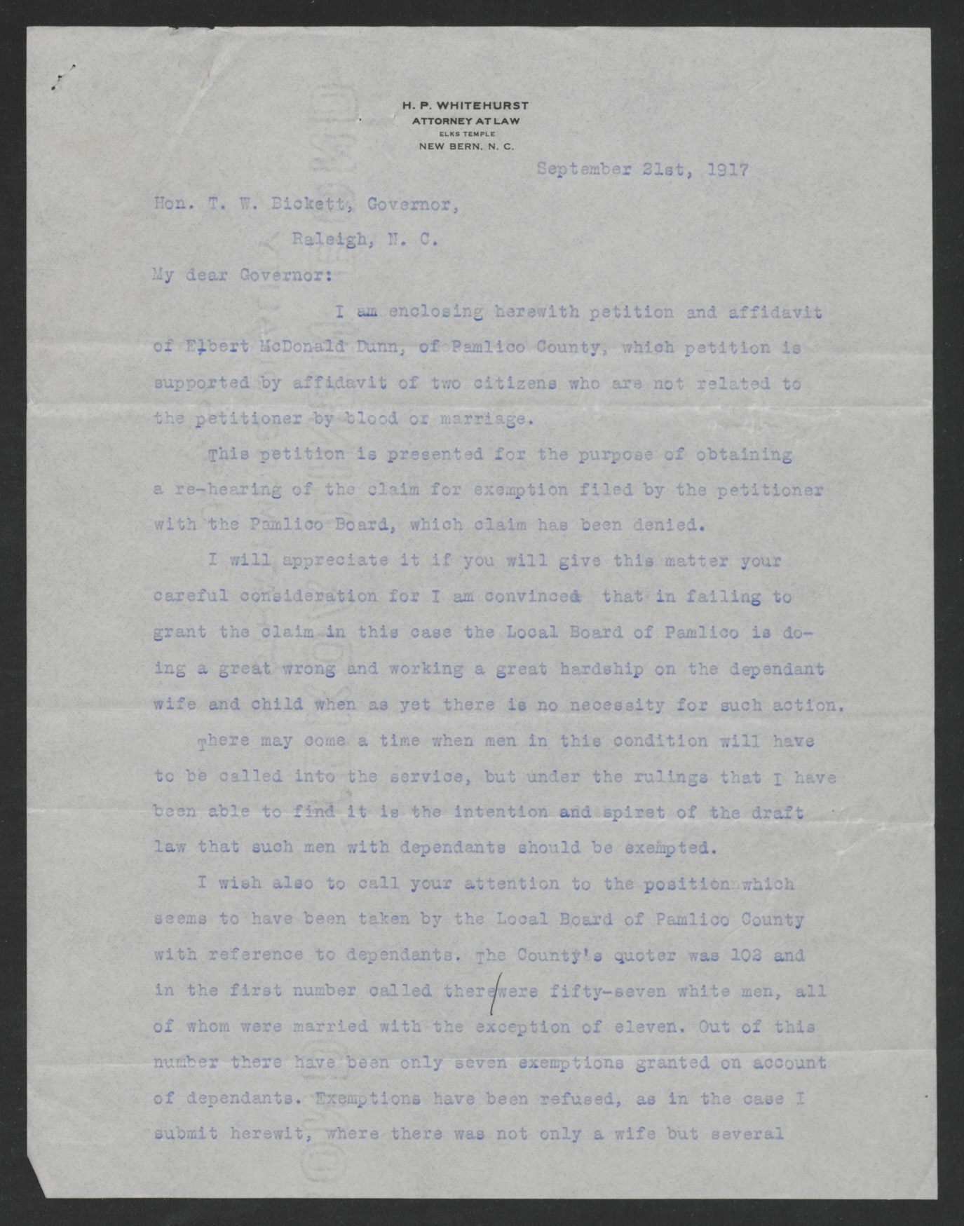 Letter from Henry P. Whitehurst to Thomas W. Bickett, September 21, 1917, page 1