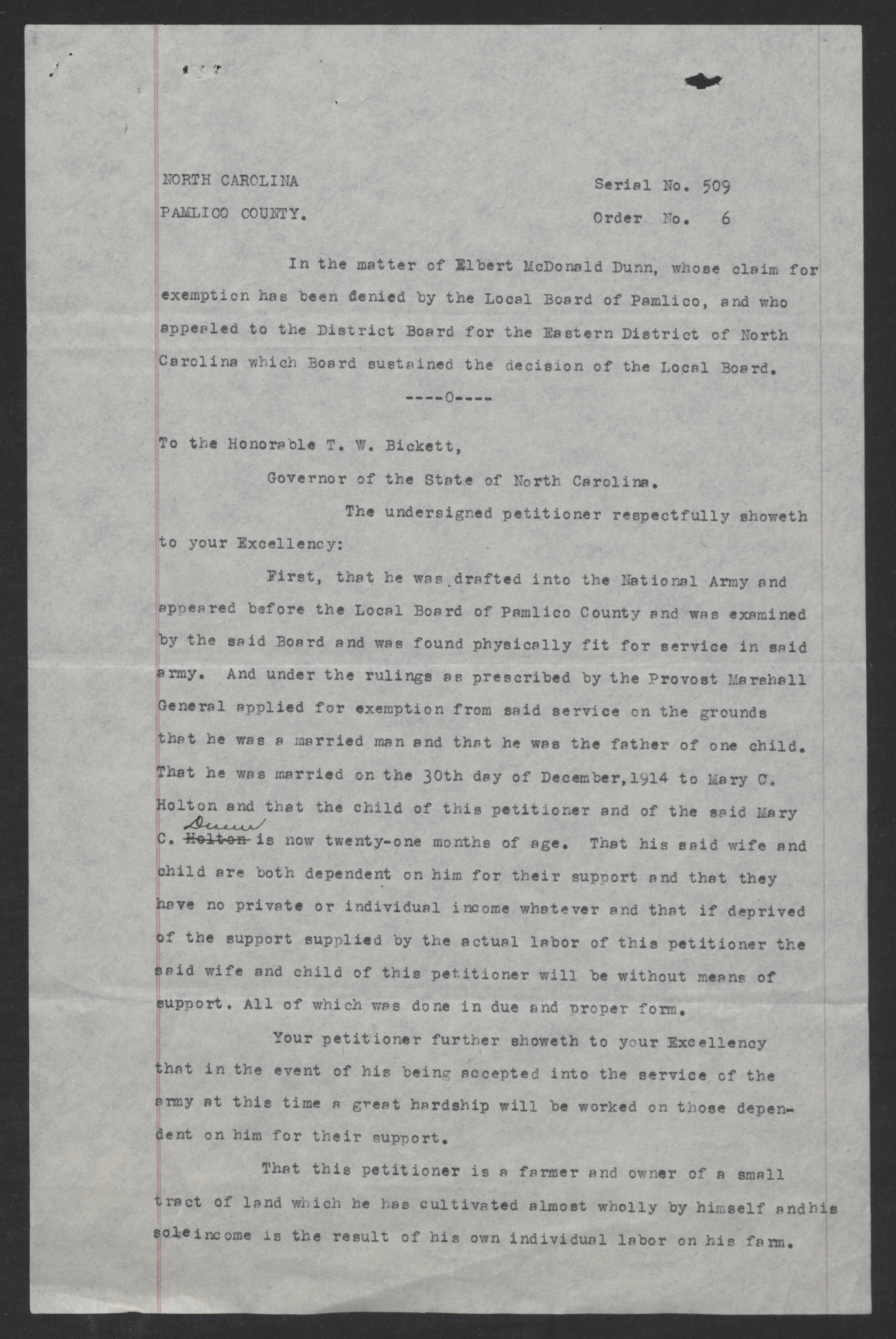 Affidavit of Elbert M. Dunn, September 21, 1917, page 1